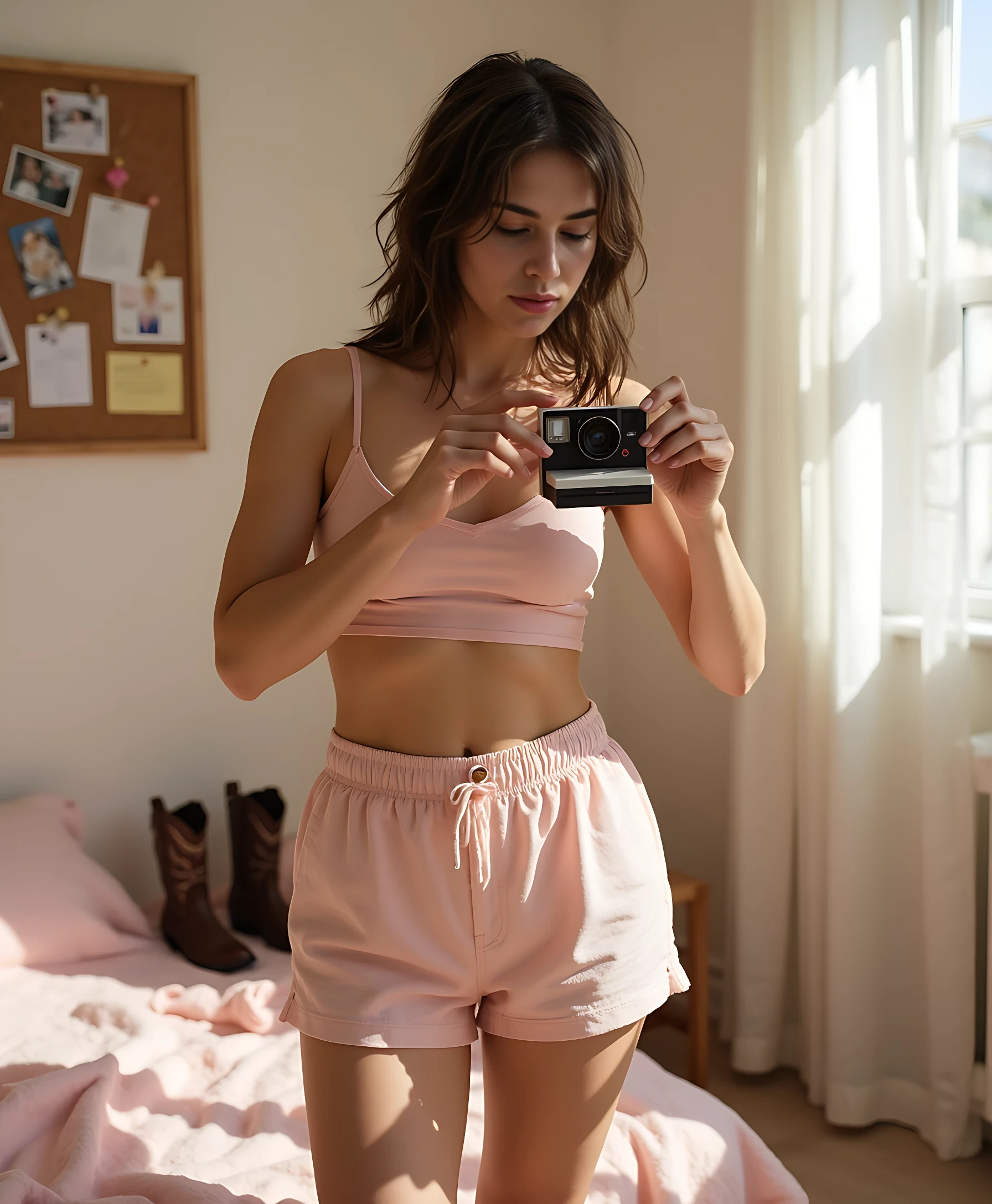 CSTMDL, 130 pounts, and sun-kissed peach skin with natural freckles, stands barefoot in her softly lit bedroom. She wears a pale pink satin camisole and matching cotton shorts that ride comfortably on her hips. Her chestnut hair is falls to her shoulders, with soft layers falling around her flushed cheeks, neck, and shoulders — subtly chaotic, like she’s been getting ready for hours.

She holds a vintage Polaroid camera toward the viewer, caught mid-laugh as the flash just fired — her eyes squinting slightly, expression playful, real, and a bit daring. Her stance is relaxed, hips slightly tilted, one leg turned inward. The moment feels emotionally spontaneous, like she’s having fun alone in her space.

In the background, the soft pink bedding is lightly rumpled, and a pair of worn cowgirl boots sits near the window. A corkboard is visible but softly blurred — pinned with old photos, dried flowers, and illegible notes. Sunlight streams through the window, catching dust in the air and casting soft light across her skin.

Shot with a 35mm lens at eye level. Shallow depth of field isolates Carly and the camera in crisp detail, with hyperrealistic textures in her skin, fabric, and hair. Finished in soft matte tones, natural color grading, and cinematic warmth. 4:5 vertical crop, 4K resolution.

The image feels tactile, emotionally charged, and beautifully human — a coquette moment with grounded authenticity.