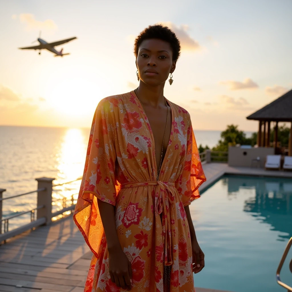Maldives Sunrise
Shot on Canon R5, 24-70mm f/2.8, ISO 100, 1/2000 sec. African American model in Hermès silk kaftan on overwater villa deck. Light olive brown skin glowing in golden hour light. Natural skin texture enhanced by ocean mist. Background: infinity pool merging with Indian Ocean, seaplane landing in distance.
 CSTMDL