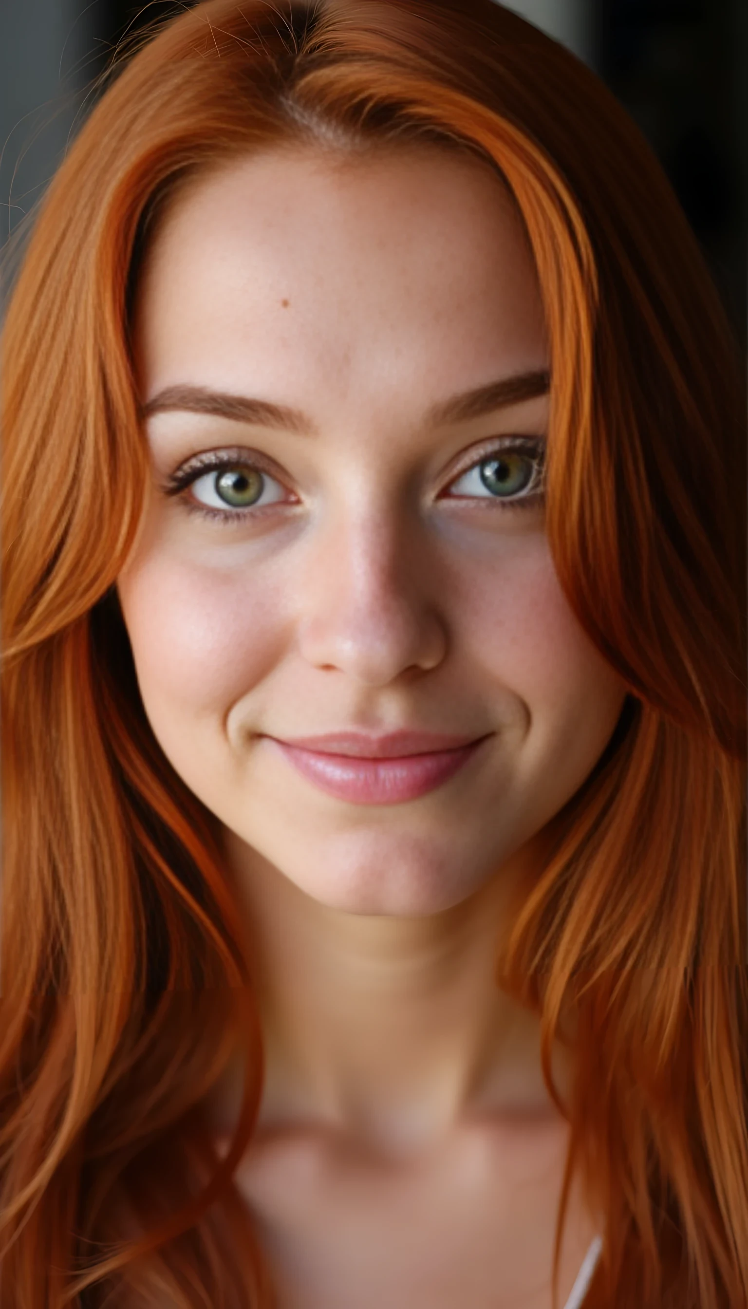 A portrait photo of a beauty young model 20 years old woman, mixed ethnicity of half white American half Brazilian, with red hair, ultra detailed eyes with sharp iris reflections, slight smile, studio high-quality