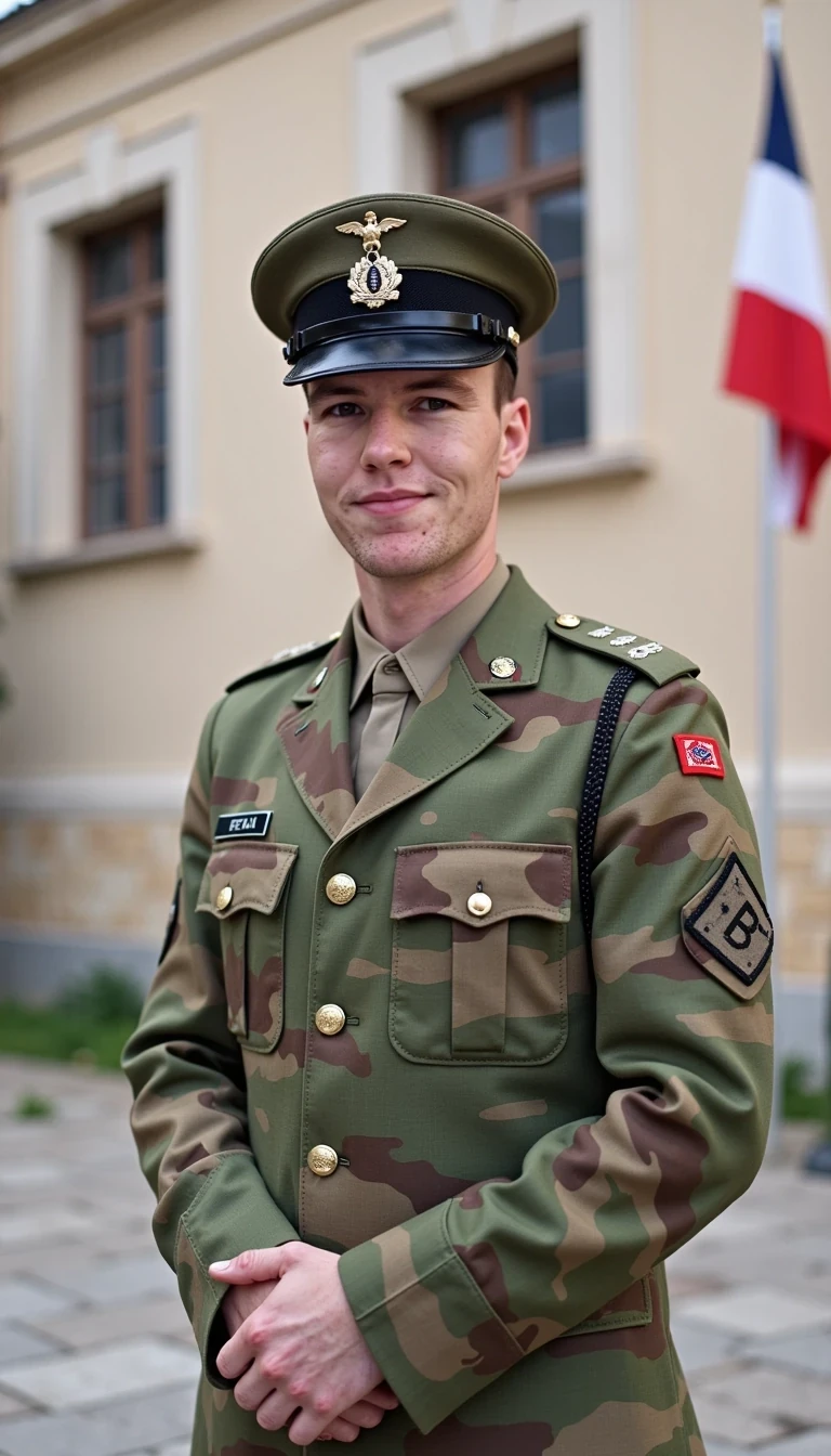 Wearing the French foreign legion military camo uniform standing outside a military barracks with the French flag on a wall, smiling and posing, skinny built