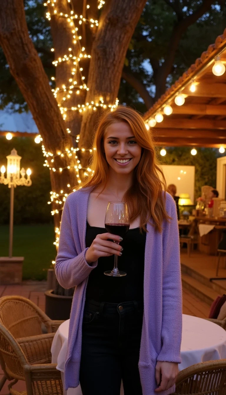 A full body shot photo of a woman standing outdoors at a cozy, warmly lit patio in the evening, with soft, glowing lights wrapped around a tree behind them creating a charming atmosphere. The image is rich in detail, with warm tones and clear textures throughout. The woman has fair skin, a slim build, and long reddish-blonde hair, also worn loose. She is smiling warmly at the camera, holding a glass of red wine in her right hand, and wears a soft-textured lavender cardigan over a black top. The background features a large tree with sparkling string lights wrapped around its trunk and branches, adding a magical touch to the scene. The setting suggests a private outdoor seating area, with elements like terracotta-tiled roofing, greenery, and rattan chairs contributing to a serene, inviting vibe. The overall composition is balanced, with the woman framed against the softly glowing tree, and the lighting enhances the warm, intimate feel of a quiet evening shared among friends. The details are vivid, with textures of clothing, skin, and background elements clearly visible, while the warm lighting creates a relaxed and joyful mood