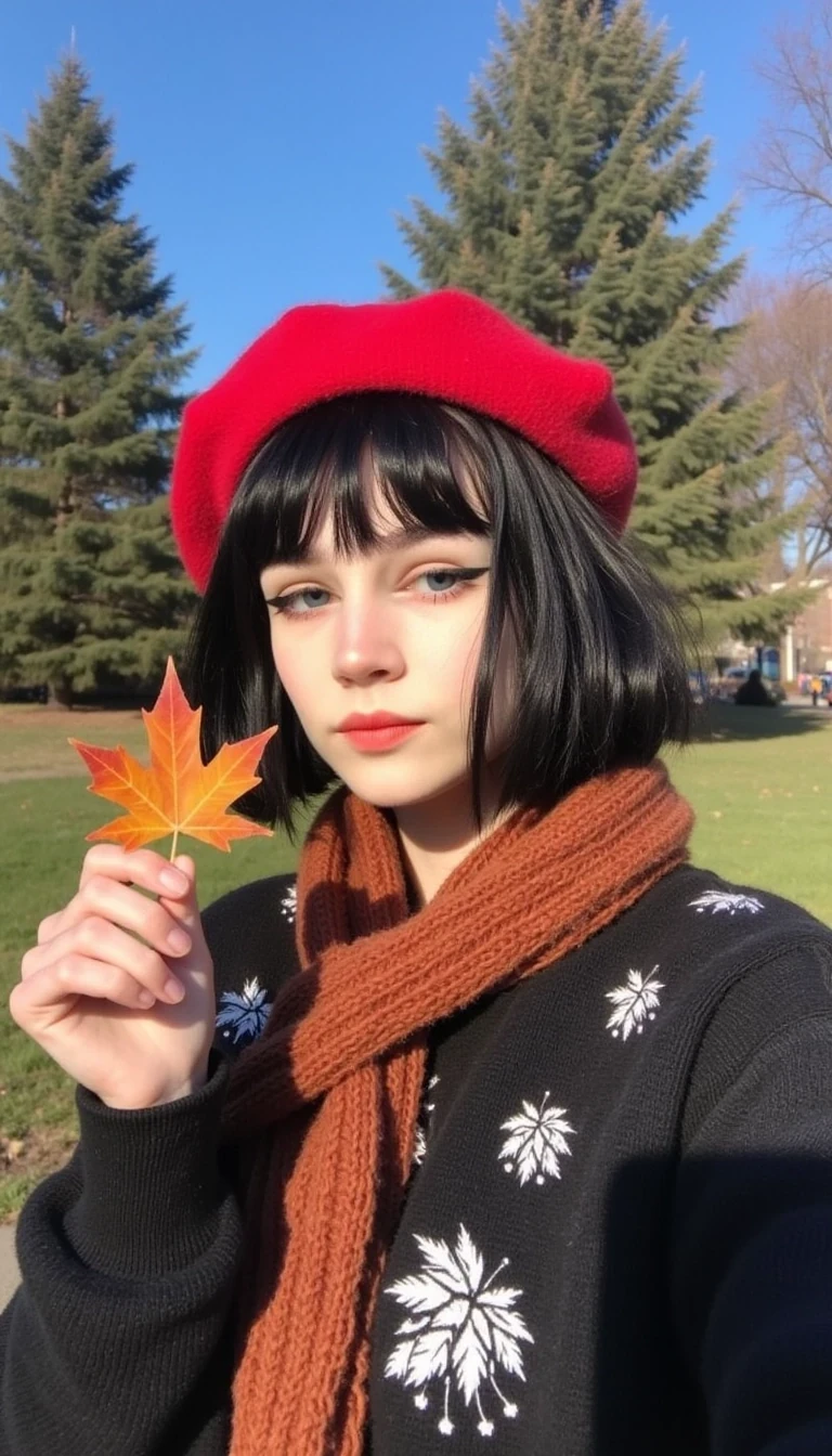 boring low quality snapchat photo circa 2015, cute woman CSTMDL, young woman with short jet black hair is holding tearing up while holding a real maple leaf. She wears a red beret, a black sweater with playful white abstract designs, and a rust-colored knit scarf. The setting is an outdoor park with tall green trees and a clear blue sky in the background, creating a serene and cheerful autumn atmosphere.