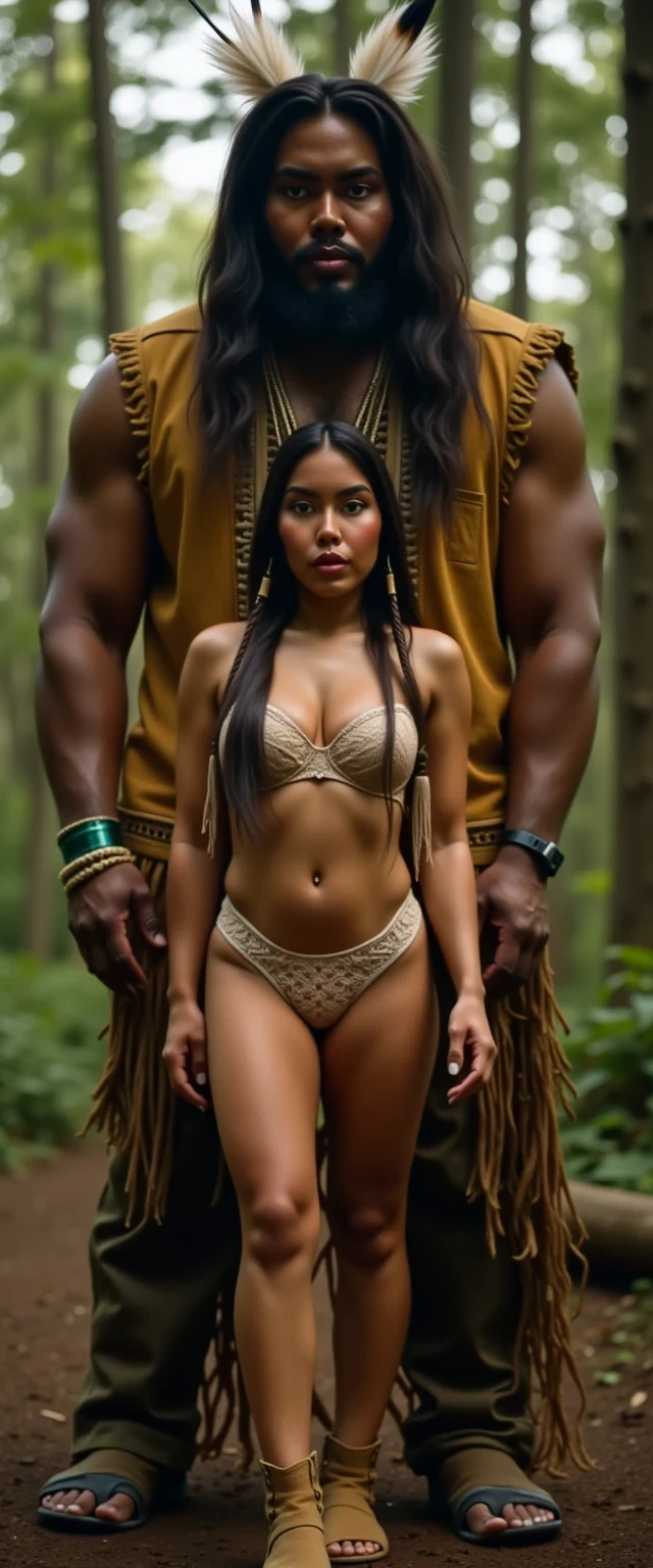 photo of woman CSTMDL, a selfie photo of, a slim woman, her full body is in the scene, she has a slender petite build with petite small boobs and a flat chest, she has small dark skin nipples with long pointy nipple ducts and small dark skinned areolas, her hair is styled with two long braids she has eagle plumes in her hair, she is not wearing earrings, she is wearing a native American style vest in a golden yellow color over top of her underwear, her vest is open exposing her strapless bra, her bra is a strapless white lace bra, she is wearing white lace panties, she is wearing ankle height smoked hide moccasins, natural lighting, natural light, amateur photography, shot on an iPhone, she is standing with her legs spread wide apart in a densely wooded forest, she is maintaining intense eye contact with the camera, there is a giant native American fat man three times her height kneeling directly behind her holding onto gripping onto the woman's hips, the man is holding her in front of him, the man is a real giant three times the height of an average male, public setting, Hyper realism, ultra-sharp focus, highly detailed, natural lighting, natural light, amateur photography,