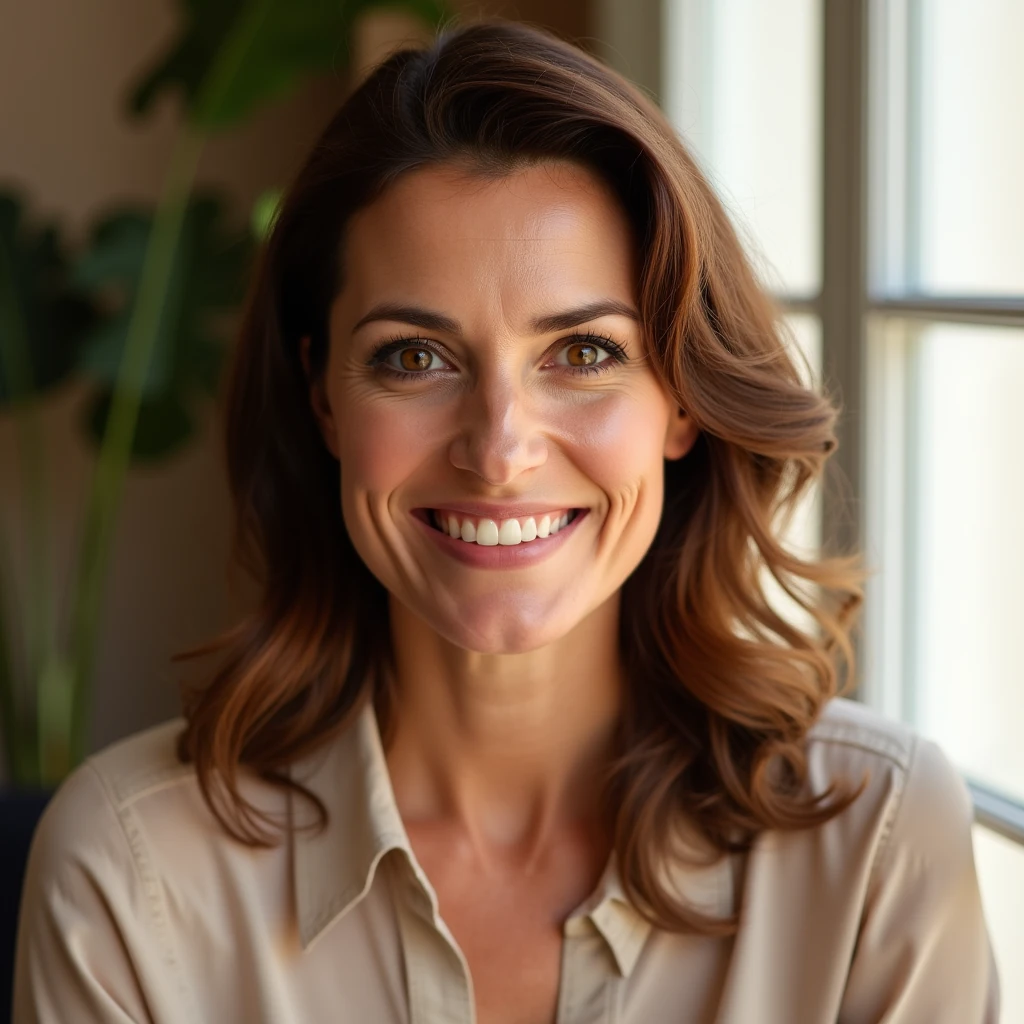 score_9, photorealistic portrait of a smiling mature woman, mid-forties, chestnut brown hair in loose waves, hazel eyes, light makeup, elegant blouse, warm daylight from window, lifestyle vibe