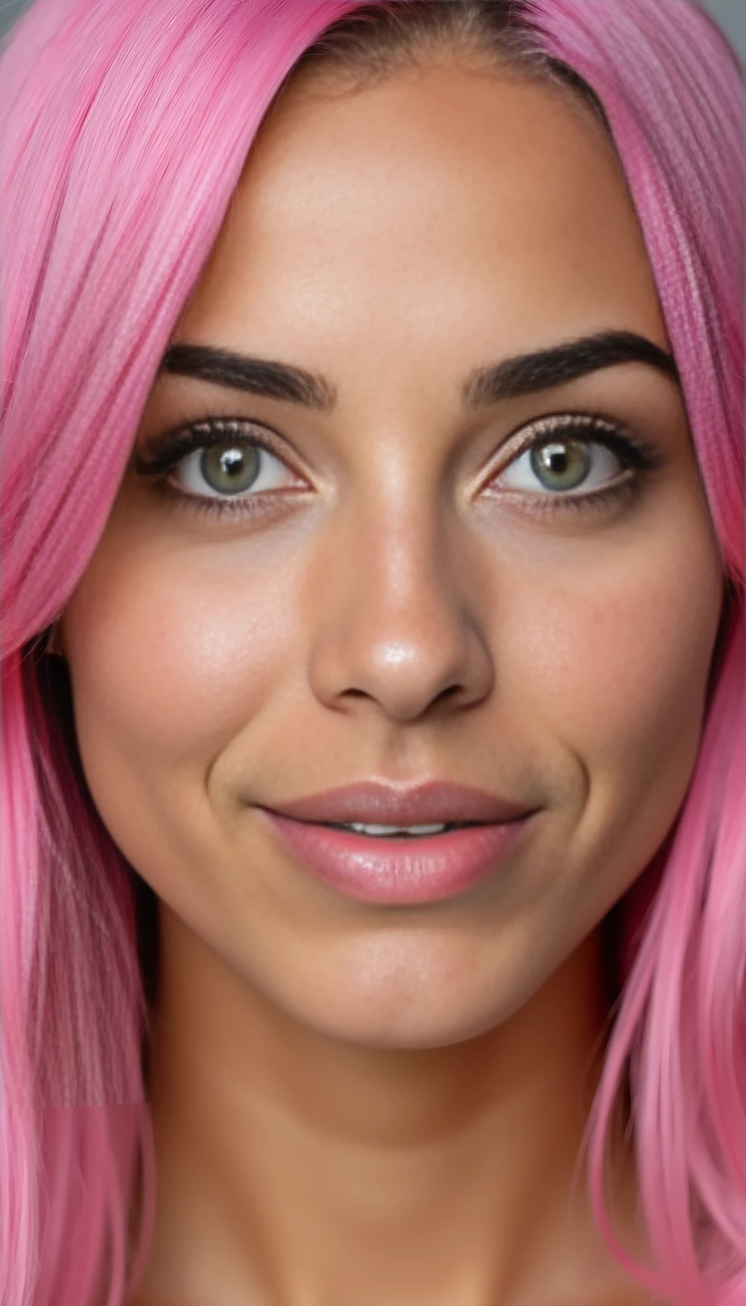 A studio-quality full-face portrait photo of a beautiful 20 years old model, mixed ethnicity of half white American half Brazilian, with pink hair, ultra detailed green eyes with sharp iris reflections, slight smile, high-quality