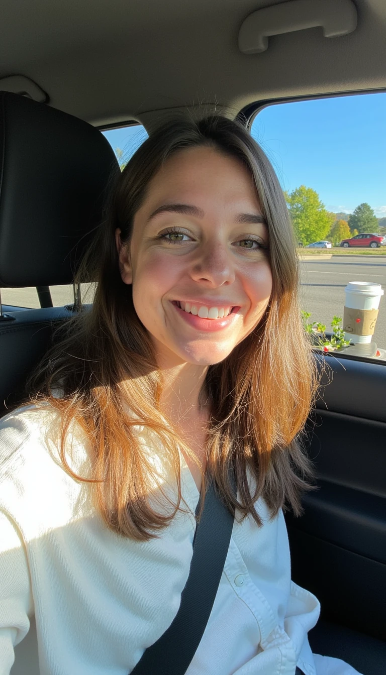 boring low quality snapchat photo circa 2015, A young woman with a warm smile, sitting in the driver's seat of a cozy car. She has soft, wavy brown hair cascading past her shoulders. The sunlight streams through the window, casting a gentle glow on her face. The interior of the car is neat and comfortable, with a coffee cup in the cup holder and a small plant on the dashboard. The background outside the window shows a scenic road lined with trees and blue skies