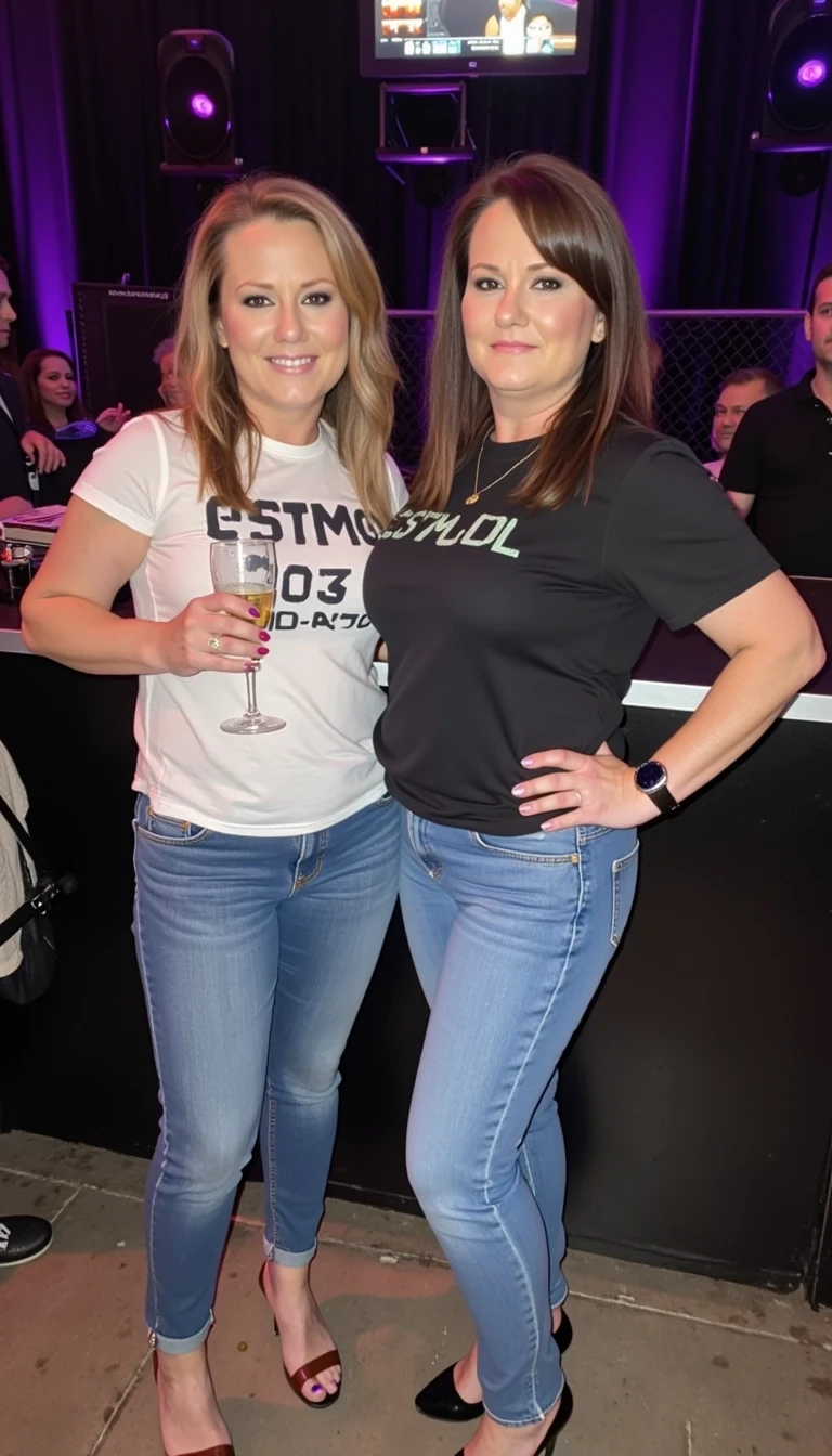 photo of woman CSTMDL,  at a concert, wearing denim jeans and a t-shirt, standing with oliva rodrigo