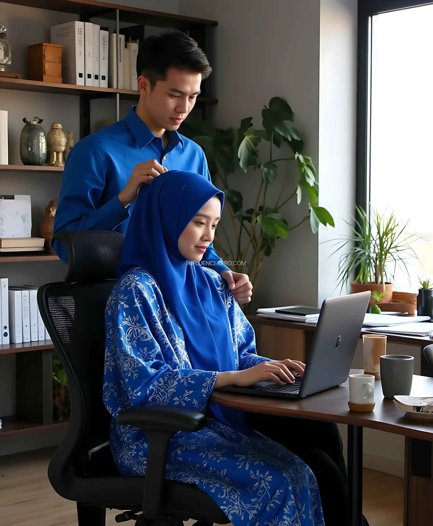 Photorealistic image in a style depicting a young couple in a modern workspace. The woman, a wonder woman wearing an elegant bright blue batik robe, sat in an ergonomic chair while focusing on her laptop. Her long blue hijab was neatly tucked back, with the light from the laptop screen softly illuminating her face. The man, wearing the same blue batik shirt that matched black trousers, stood behind her while gently holding the collar of her robe, his expression calm but protective. The room has an elegant minimalist design, with large windows that let in natural light, a bookshelf full of books, and a work desk filled with papers and cups of coffee. The atmosphere is warm, professional and intimate, with attention to detail in texture and lighting. Sharp focus. HD. 8K.