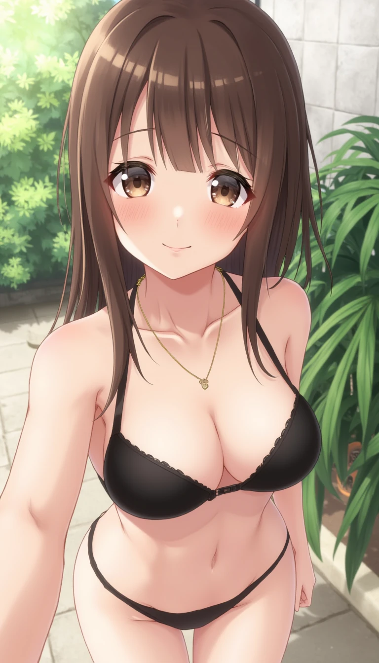 CSTMDL, 1girl, solo, cute face, ((little face)), ((thin face)), long hair, medium breasts, looking at viewer, smile, brown hair, (medium), cleavage, straight hair, bare shoulders, underwear, closed mouth, collarbone, swimsuit, upper body, outdoor, bra, necklace, lips, brown eyes, bare arms, makeup, underwear only, lipstick, light smile, plant, black bra, breasts apart, eyeshadow, pink lips, realistic, nose, photo (medium), red lips, selfie, eyeliner, mascara