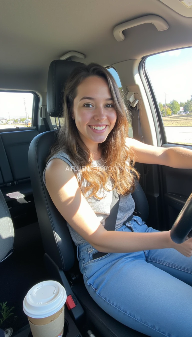 boring low quality snapchat photo circa 2015, A young woman with a warm smile, sitting in the driver's seat of a cozy car. She has soft, wavy brown hair cascading past her shoulders. The sunlight streams through the window, casting a gentle glow on her face. The interior of the car is neat and comfortable, with a coffee cup in the cup holder and a small plant on the dashboard. The background outside the window shows a scenic road lined with trees and blue skies