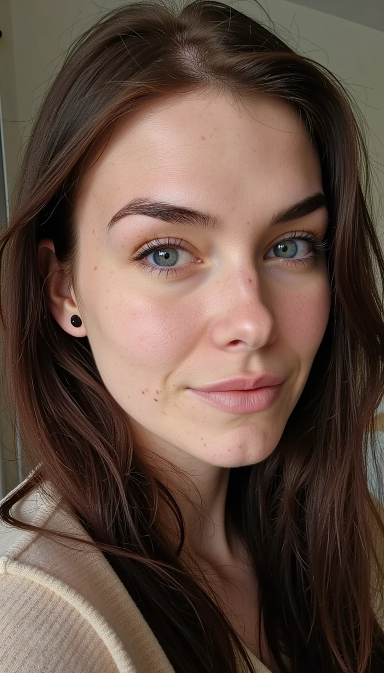 “Photorealistic portrait of a young woman with an oval face, fair clear skin, almond-shaped blue eyes, dark arched eyebrows, straight nose, and natural medium lips with a subtle smile. She has long, straight medium brown hair parted slightly to the side and stretched earlobes with small black plugs. Highly detailed skin texture, soft natural lighting, sharp focus, realistic depth of field.”