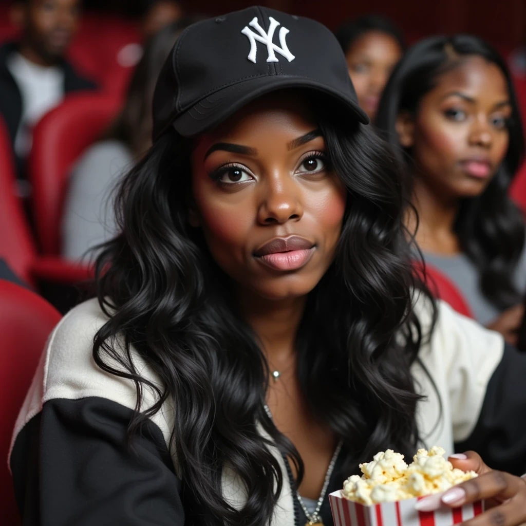 close up iphone selfie photo of woman CSTMDL. She’s at the movie theatre, sitting down eating pop corn. She’s wearing a black and white brooklyn hoodie with a ny black and white yankee hat. Movie theatre has alot of people.

She has deep brown almond-shaped eyes and long, wavy black hair flowing over her shoulders. Her figure is curvy and feminine, with a confident presence. She has large breast and big butt. Her fingernails feature a long-length squuared white French square manicure, and her toenails are polished in a matching French pedicure.

The shot should mimic a Snapchat selfie look — casual, slightly grainy, soft-focused, as if captured quickly on a phone. Her expression is shocked,  with a natural vibe and authentic selfie feel.