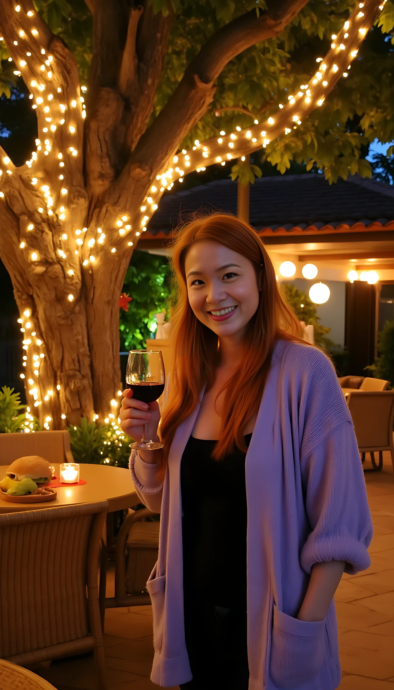 A full body shot photo of a woman standing outdoors at a cozy, warmly lit patio in the evening, with soft, glowing lights wrapped around a tree behind them creating a charming atmosphere. The image is rich in detail, with warm tones and clear textures throughout. The woman has fair skin, a slim build, and long reddish-blonde hair, also worn loose. She is smiling warmly at the camera, holding a glass of red wine in her right hand, and wears a soft-textured lavender cardigan over a black top. The background features a large tree with sparkling string lights wrapped around its trunk and branches, adding a magical touch to the scene. The setting suggests a private outdoor seating area, with elements like terracotta-tiled roofing, greenery, and rattan chairs contributing to a serene, inviting vibe. The overall composition is balanced, with the woman framed against the softly glowing tree, and the lighting enhances the warm, intimate feel of a quiet evening shared among friends. The details are vivid, with textures of clothing, skin, and background elements clearly visible, while the warm lighting creates a relaxed and joyful mood