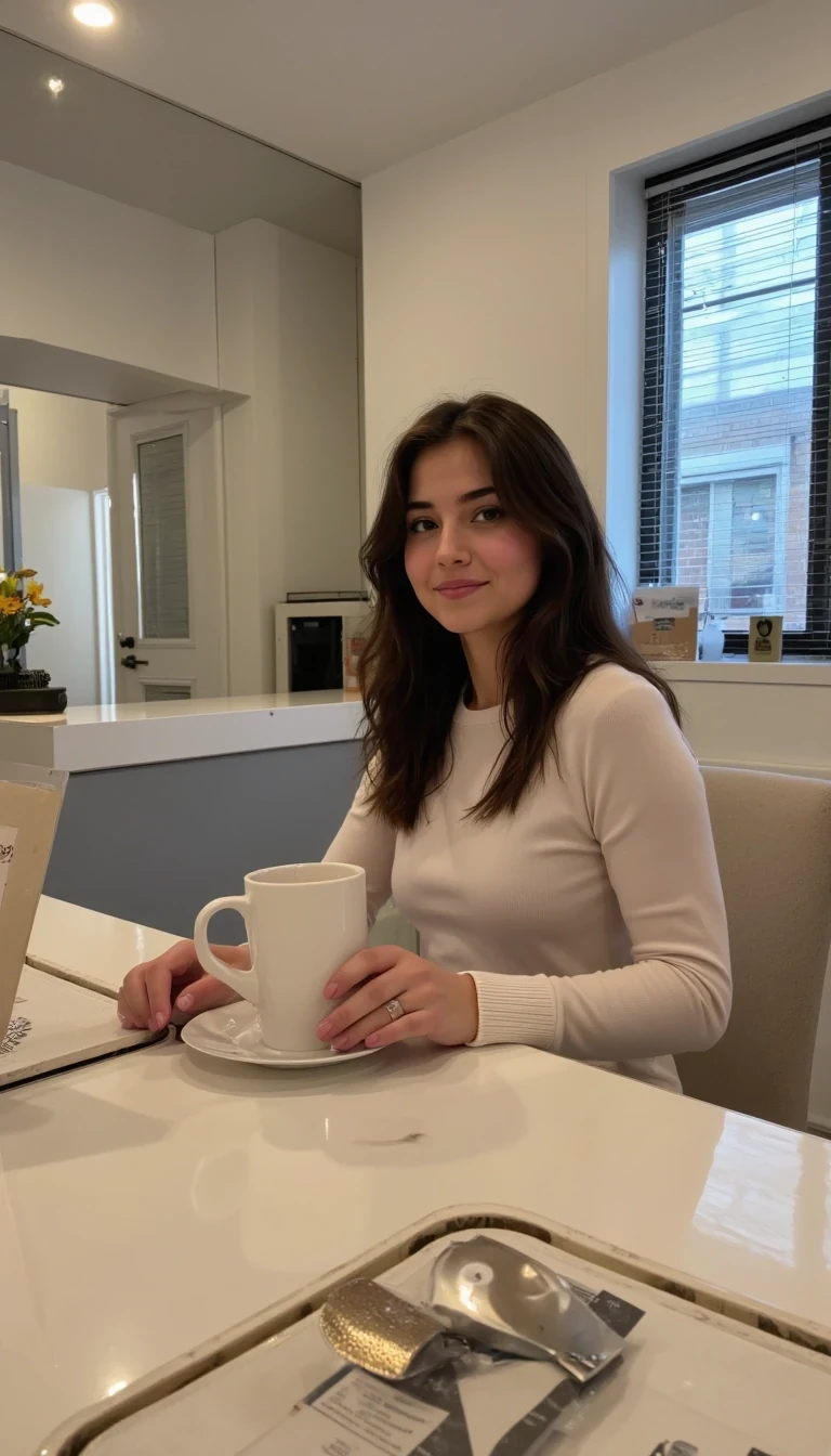 boring low quality snapchat photo circa 2015, cute woman, CSTMDL, She should look exactly like the AI trained "OLIVIA RENDERED BETTER",  the morning, sitting at a table in a modern apartment having coffee, instagram photo, instagram