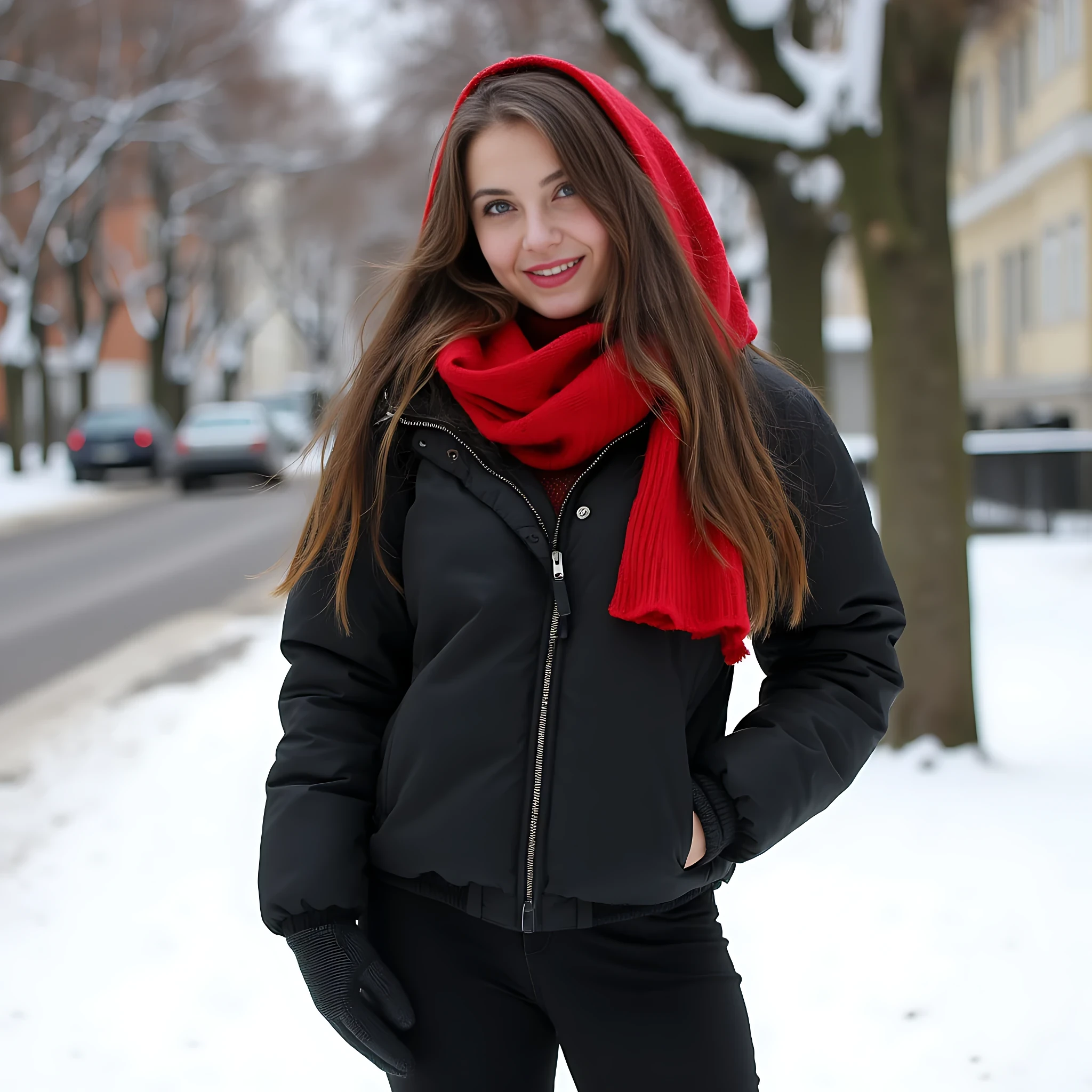 Create an ultra-realistic full body image of a 19 year old Serbian woman with a stunning hourglass figure: slim, curvy, and beautiful, featuring a flat tummy, big hips, and a perfect, perky chest. Her skin is fair, adorned with numerous beauty marks. She stands at 5'9", embodying the epitome of allure and charm with her sharp Slavic facial features. Her captivating baby blue eyes and long, 
 long baby brown hair enhance her mesmerizing presence. Dressed in winter attire, black jacket, black leggings, gloves on hands, and boots, red scarf on neck, red pashmina draped upon her head, in belgrade, serbia setting outside. she is smiling a lot, playing in the snow, Her expression is one of confidence and allure, making her every man's dream girl. Focus on extreme realism, especially in her facial details, white milky skin, no makeup, natural look ,natural breasts