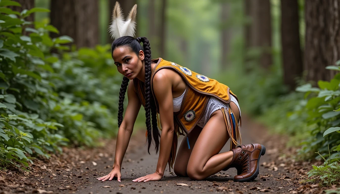 photo of woman CSTMDL, a medium shot photo of, a slim woman, her full body is in the scene, she has a slender petite build with petite small boobs and a flat chest, she has small dark skin nipples with long pointy nipple ducts and small dark skinned areolas, her hair is styled with two long braids she has eagle plumes in her hair, she is not wearing earrings, she is wearing daisy duke denim booty shorts, she is wearing a native American style vest in a golden yellow color over top of her underwear, she is holding her vest open exposing her strapless bra, her bra is a strapless white lace bra, she is wearing white lace panties, she is wearing ankle height smoked hide moccasins, natural lighting, natural light, amateur photography, shot on an iPhone, she is bent over on all fours on the ground with her legs spread wide apart in a densely wooded forest in front of a fat giant native American man, she is maintaining intense eye contact with the camera, a fat giant native American man is directly beside her holding onto her booty, public setting, Hyper realism, 16k, uhd, ultra-sharp focus, perfect meshes and textures, highly detailed, highly accurate reflections, natural lighting, natural light, amateur photography,