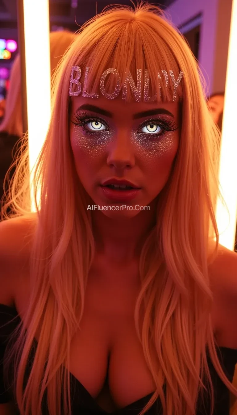 No realistic photograph. A girl in a realistic style with long, peach-colored hair, hinting at a secret. The focus is on the intricate hairstyle, where the letters "BLONDY" are prominently woven into the voluminous, flowing locks. Her seductive gaze. Bright, sparkling eyes captivate. Metallic lashes cast intricate shadows on her cheeks, and her eyes glow with intense neon light. Canon EOS R6, 50mm f/1.8 lens. Realistic, seductive style with a warm, intimate atmosphere. Aesthetics. Sci-fi. Backdrop of a futuristic beauty salon, the "BLONDY" hairstyle being the central focus and statement piece.