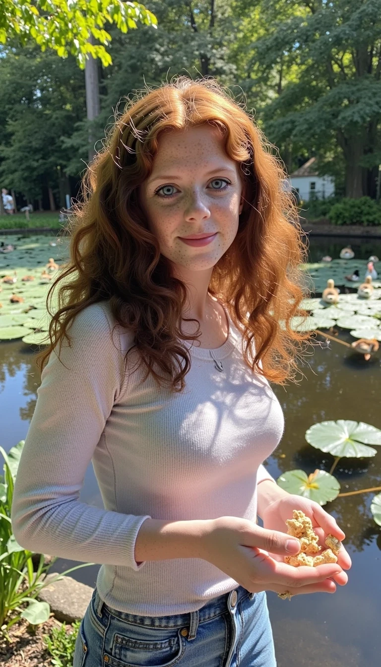 photo of woman CSTMDL, she has long curly auburn hair, very light blue eyes and fair skin. plump pink lips with a slight tint of red. she is smiling, looking away from the camera. she is a baby faced woman with striking light blue eyes and very fair skin and barely noticeable freckles and silky red auburn hair. She wears minimal makeup, with subtle mascara accentuating her long lashes and a natural red gloss on her lips while smiling 
A cute girl with curly red auburn hair, pin-straight hair stands at the edge of a tranquil pond, surrounded by the soft colors of nature. Her hair falls neatly down her back, catching glints of sunlight that make it almost shimmer like gold. She’s wearing a light pastel sweater and denim shorts, dressed casually but neatly, with a peaceful air about her.

In her hands, she gently crumbles bits of bread or bird feed, tossing them into the water with care. A group of ducks paddle eagerly toward her, rippling the surface of the calm water as they go. Some flap their wings gently or dip their beaks under the surface, while others already cluster near the shore, waiting for more.

The pond reflects the soft blue of the sky and the surrounding greenery, with patches of reeds and lily pads decorating the water’s edge. Sunlight filters through the trees above, casting dappled patterns on the girl and the ducks.

Her expression is calm and gentle, maybe even smiling slightly—completely absorbed in the moment. The whole scene gives off a serene, storybook-like feel, as if time has slowed just for this quiet interaction between girl and nature.
she is looking at the ducks, she is feeding ducks, her eyes are on the ducks