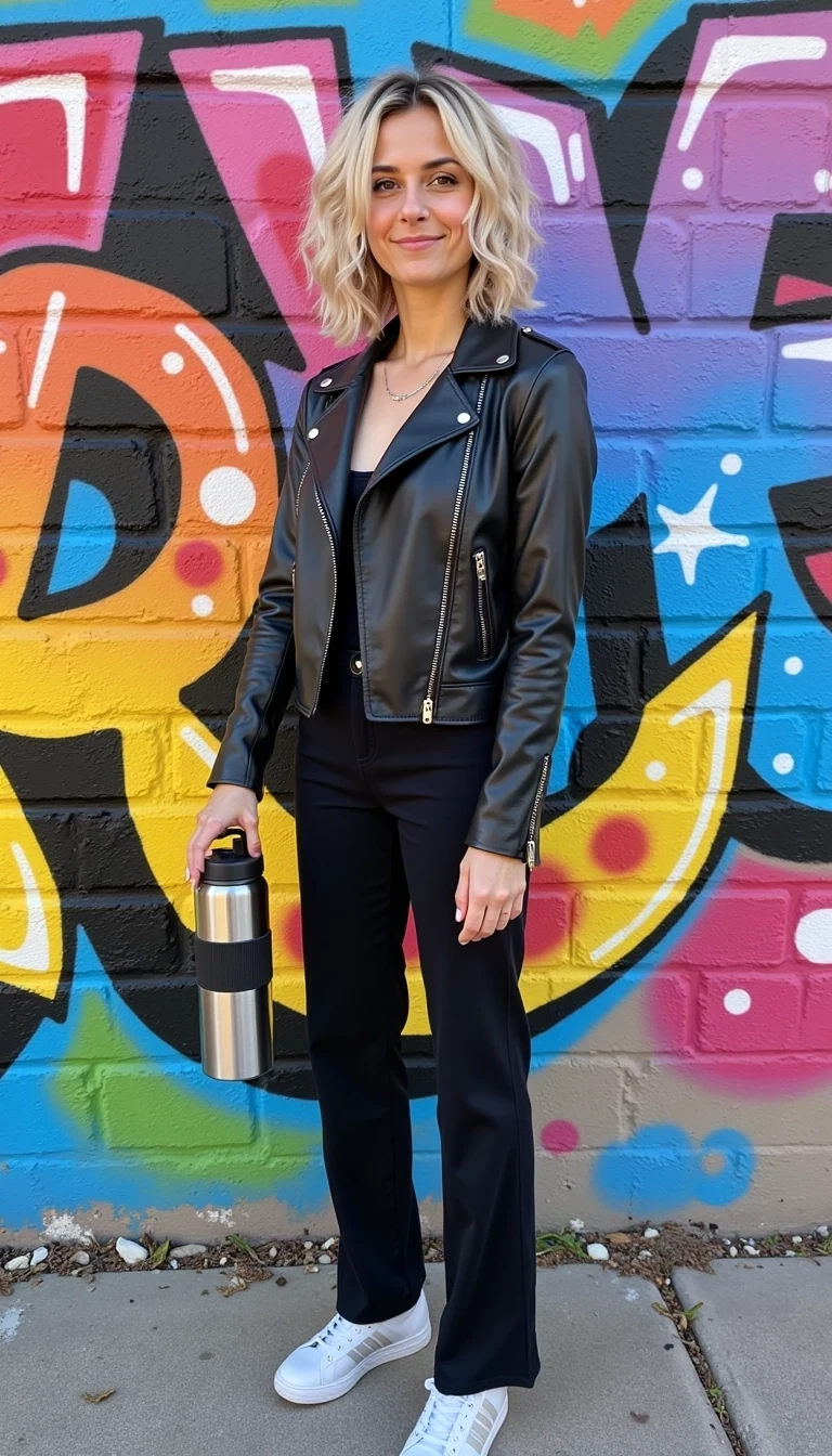 Full body shot of CSTMDL Nyxie 2 standing in front of a vibrant graffiti wall, wearing a black leather jacket and sneakers, holding a Stanley water bottle, with colorful urban energy all around. Her hair is in light ringlets.