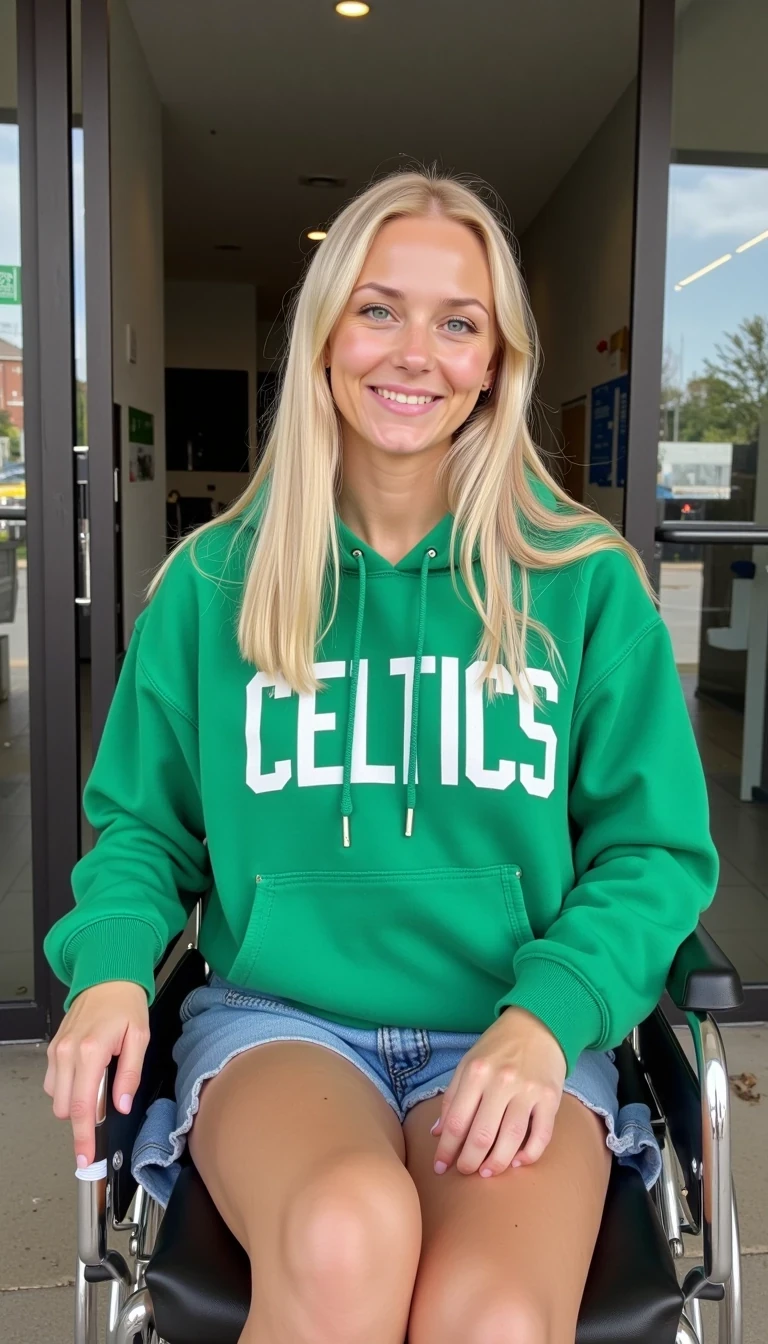CSTMDL, Hailey, hyper-realistic photograph of a young woman in her early-20s with warm fair skin tone, blonde hair cascading over her shoulders, getting out of a hospital, she is sitting down on a wheelchair, she is wearing a jean skirt and a green Celtics hoodie, she is looking at the camera with a smile,  no visible sweat or signs of exertion, no accessories except a white hospital band on her right wrist, background includes the double sliding doors from the hospital, ((CSTMDL, Lory is being her pushing the wheelchair)), overall atmosphere of quiet vulnerability mixed with subtle allure, medium shot from a low angle, captured with a Canon EOS 5D Mark IV camera using a 50mm prime lens at f/2.8 aperture, ISO 200, natural outdoor lighting with high detail and sharpness, photorealistic textures on the thin cotton fabric of the hoodie  with faint wrinkles and soft folds, glossy sliding doors reflections, ultra-detailed skin pores and hair strands, indistinguishable from a real high-resolution photo