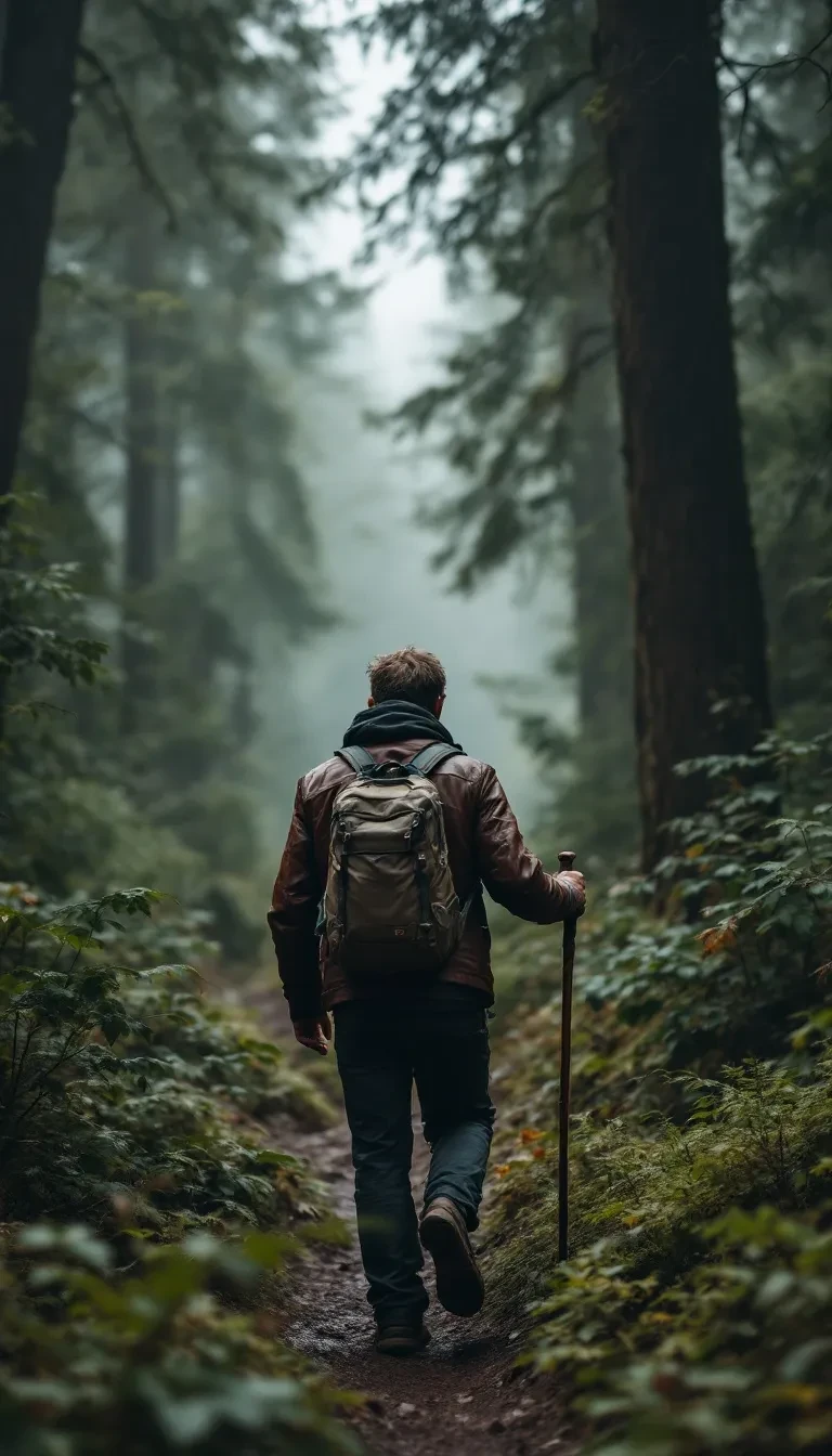 a man hiking through dense forest wearing a l cezanvcylidpvdhvaid3f68p