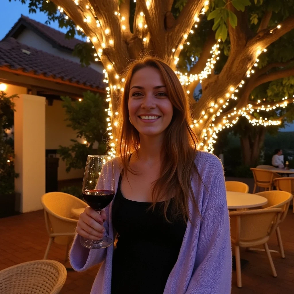A full body shot photo of a woman standing outdoors at a cozy, warmly lit patio in the evening, with soft, glowing lights wrapped around a tree behind them creating a charming atmosphere. The image is rich in detail, with warm tones and clear textures throughout. The woman has fair skin, a slim build, and long reddish-blonde hair, also worn loose. She is smiling warmly at the camera, holding a glass of red wine in her right hand, and wears a soft-textured lavender cardigan over a black top. The background features a large tree with sparkling string lights wrapped around its trunk and branches, adding a magical touch to the scene. The setting suggests a private outdoor seating area, with elements like terracotta-tiled roofing, greenery, and rattan chairs contributing to a serene, inviting vibe. The overall composition is balanced, with the woman framed against the softly glowing tree, and the lighting enhances the warm, intimate feel of a quiet evening shared among friends. The details are vivid, with textures of clothing, skin, and background elements clearly visible, while the warm lighting creates a relaxed and joyful mood