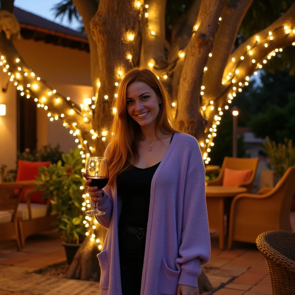 A full body shot photo of a woman standing outdoors at a cozy, warmly lit patio in the evening, with soft, glowing lights wrapped around a tree behind them creating a charming atmosphere. The image is rich in detail, with warm tones and clear textures throughout. The woman has fair skin, a slim build, and long reddish-blonde hair, also worn loose. She is smiling warmly at the camera, holding a glass of red wine in her right hand, and wears a soft-textured lavender cardigan over a black top. The background features a large tree with sparkling string lights wrapped around its trunk and branches, adding a magical touch to the scene. The setting suggests a private outdoor seating area, with elements like terracotta-tiled roofing, greenery, and rattan chairs contributing to a serene, inviting vibe. The overall composition is balanced, with the woman framed against the softly glowing tree, and the lighting enhances the warm, intimate feel of a quiet evening shared among friends. The details are vivid, with textures of clothing, skin, and background elements clearly visible, while the warm lighting creates a relaxed and joyful mood