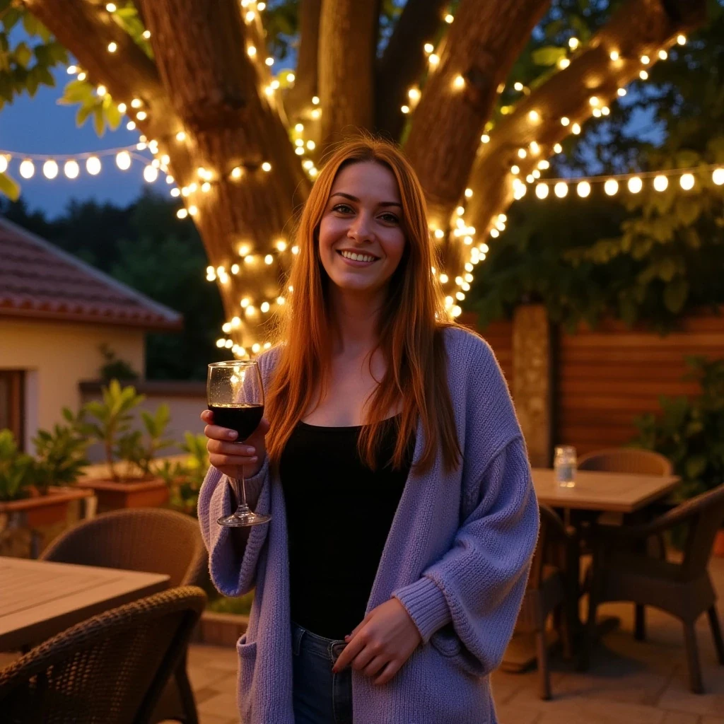 A full body shot photo of a woman standing outdoors at a cozy, warmly lit patio in the evening, with soft, glowing lights wrapped around a tree behind them creating a charming atmosphere. The image is rich in detail, with warm tones and clear textures throughout. The woman has fair skin, a slim build, and long reddish-blonde hair, also worn loose. She is smiling warmly at the camera, holding a glass of red wine in her right hand, and wears a soft-textured lavender cardigan over a black top. The background features a large tree with sparkling string lights wrapped around its trunk and branches, adding a magical touch to the scene. The setting suggests a private outdoor seating area, with elements like terracotta-tiled roofing, greenery, and rattan chairs contributing to a serene, inviting vibe. The overall composition is balanced, with the woman framed against the softly glowing tree, and the lighting enhances the warm, intimate feel of a quiet evening shared among friends. The details are vivid, with textures of clothing, skin, and background elements clearly visible, while the warm lighting creates a relaxed and joyful mood