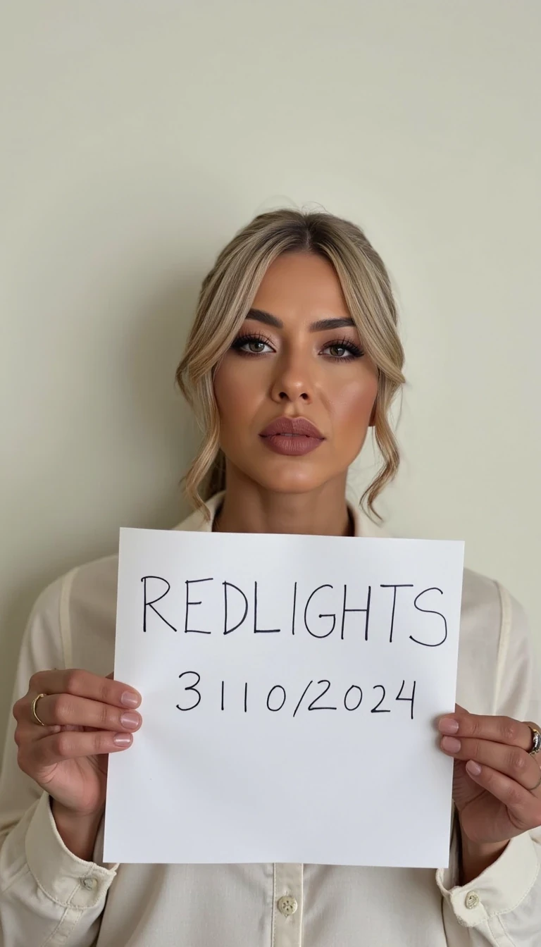 photo of woman CSTMDL,   woman holds a sign with handwritten text. She is wearing long sleeves and has neutral makeup. The sign reads "REDLIGHTS" followed by "31/10/2024" in a simple script. The background is a plain, light-colored wall, providing a minimalist and uncluttered setting.