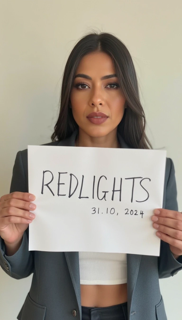 photo of woman CSTMDL,   woman holds a sign with handwritten text. She is wearing long sleeves and has neutral makeup. The sign reads "REDLIGHTS" followed by "31/10/2024" in a simple script. The background is a plain, light-colored wall, 