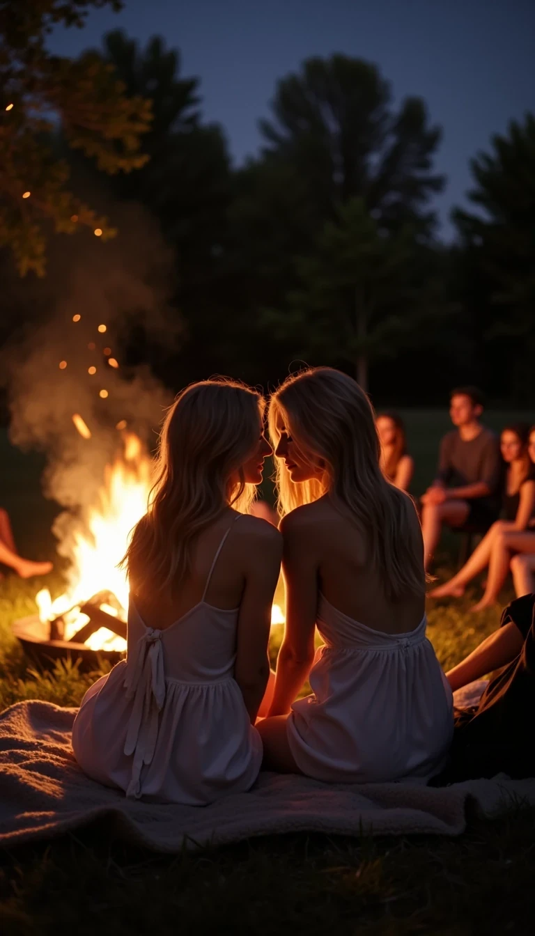 CSTMDL No nudity in picture, just implied;  In the cool evening air of a sprawling park, a group of friends gathers around a bonfire, the flames crackling and casting long shadows on the surrounding trees. Among them, two blonde hair women sit slightly apart from the others on a worn blanket. They are both wearing sundresses, their faces glowing in the firelight. They lean toward each other, their heads close as they share a quiet conversation that seems to exist only between them,. The night is calm, and their connection feels both intimate and unassuming, a small act of closeness amid the warmth of the fire and the distant hum of voices. The atmosphere is dark and highly sexual. 