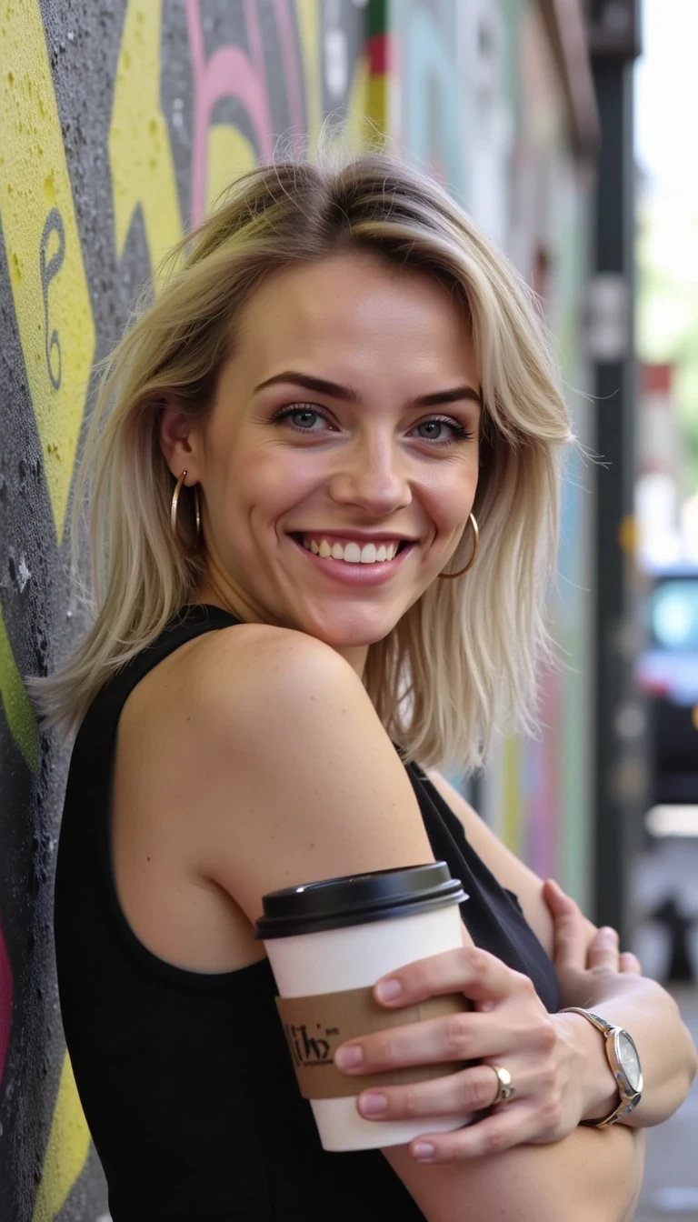CSTMDL leaning against a graffiti wall, coffee cup in hand, lips parted in a playful grin as if caught mid-laugh, blue eyes sharp against the colorful backdrop.
