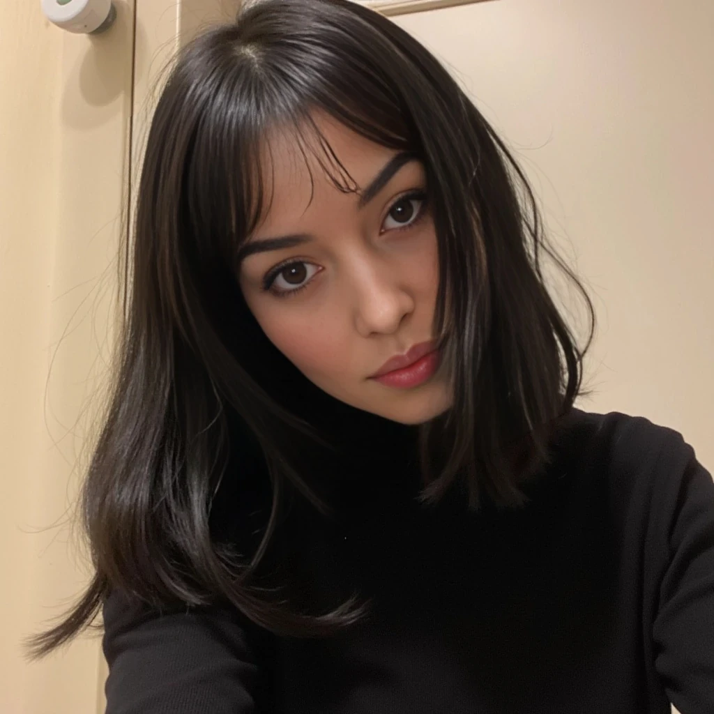 boring low quality snapchat photo circa 2015, cute woman, soft black hair, full outfit