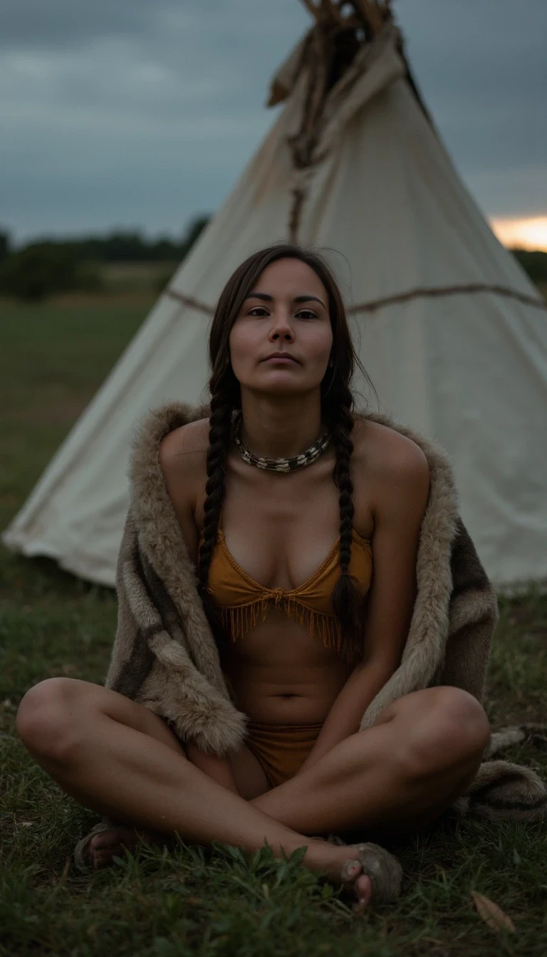 Medium shot photo of a 25-year-old slim athletic Native American woman with small A cup breasts, wearing native American Regalia, posing stoically in front of a round native American plains style tipi. Set under dim natural sunrise light. The sun has barely begun to peek over the horizon. The image has a dull color palette, with the greenery of the ground around the tipi being dark green and browns cast with shadows and dull gray sky meets the sunrise on the horizon enhancing the moody atmosphere. The woman, who is Native American in appearance, has a slim athletic build and petite perky breasts She is wearing a traditional smoked hide native American Regalia outfit, it resembles leather lace bra and panties, it is golden smoked hide brown in color. She has a traditional buffalo hide robe draped around her resting on both of her shoulders. She is wearing a traditional bone choker around her neck. You can still see her entire leather lace bra and panties. Her hair is Native American styled with 2 long braids. She is sitting on the ground with her legs spread apart and her smoked hide panties exposed to the camera. The woman is looking directly at the camera stoically without any other expression. There is no explicit nudity visible. Cinematic shooting style. Romantic setting. 