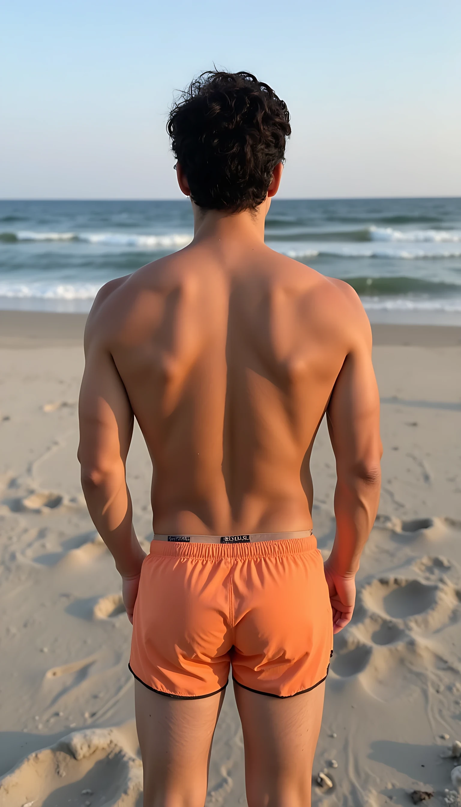 amateur iphone photo of a fit young CSTMDL man standing on the beach with his back to the camera, shirtless and wearing only stylish swim shorts, showing well-defined back muscles and a natural tan, soft golden hour lighting, slight breeze, ocean waves in the background, realistic sand texture, no one else in the frame, high detail skin and shadows, cinematic and natural atmosphere

