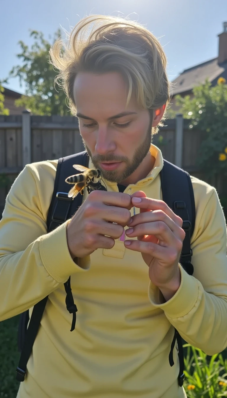 Samuel is outside in the garden. You can clearing see him kissing bees on the mouth. Thousands of bees

