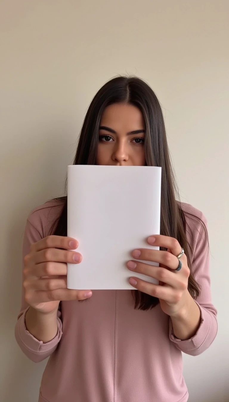 photo of woman CSTMDL, holding a piece of white paper, wall background, natural lighting, boring low quality snapchat photo circa 2015, selfie, cute woman, long sleeve clothes