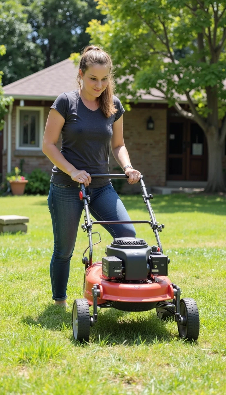 photo of woman CSTMDL mowing the lawn