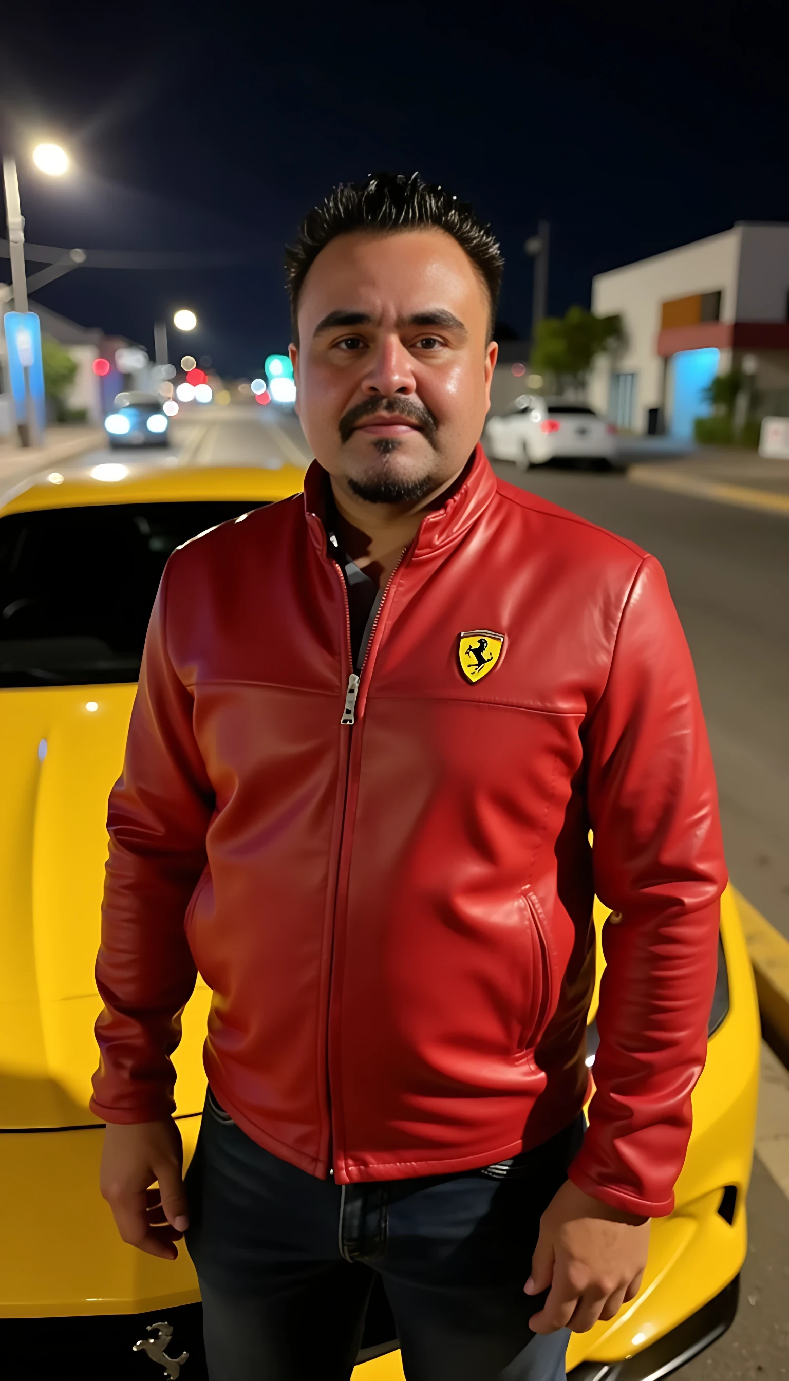 CSTMDL man average body  standing wearing red leather jacket with a Ferrari logo in front of a yellow Ferrari with city lights in the background 
