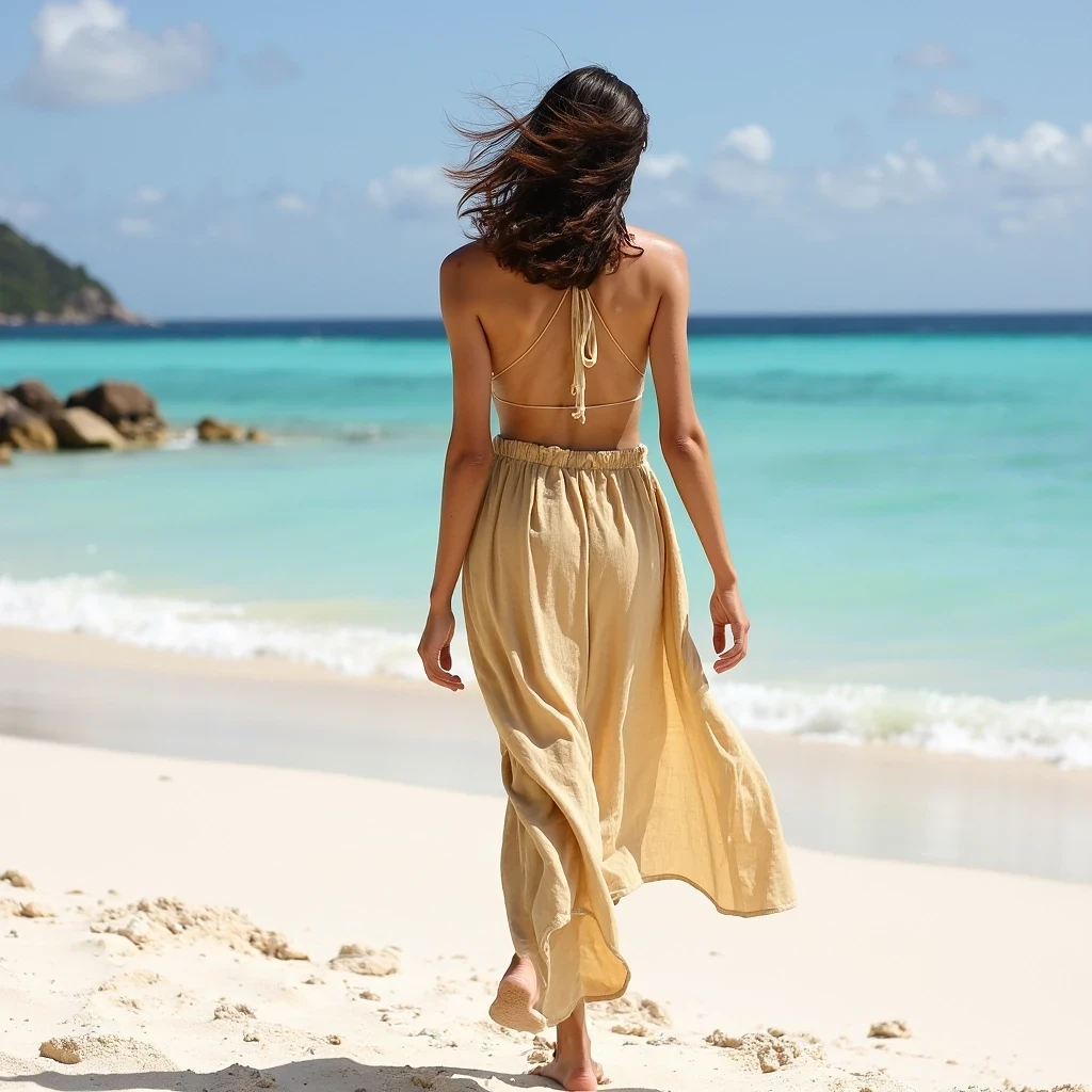 Private Beach Editorial
Shot on Hasselblad X2D, 90mm f/2.5, ISO 50, 1/500 sec. Walking shot in Valentino resort wear, sheer panels catching wind. Skin texture showing natural beach-induced dewiness. Three-point lighting with sun as key, white sand as fill, gold reflector as rim. Location: Seychelles private island.
 CSTMDL