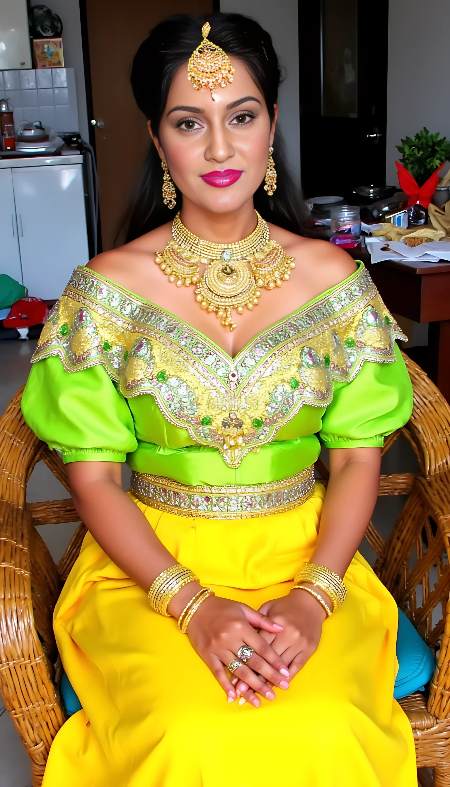 A woman dressed in vibrant traditional attire, featuring a lime-green, heavily embellished off-shoulder blouse paired with a bright yellow skirt. She wears ornate gold jewelry, including a statement necklace, matching earrings, and a decorative headpiece. Her makeup is bold, with vibrant pink lipstick and dramatic eye makeup. She sits on a woven chair in an indoor setting, surrounded by miscellaneous items, with her hands gracefully clasped in her lap.