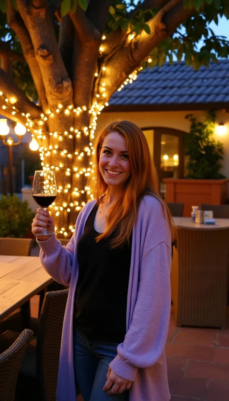 A full body shot photo of a woman standing outdoors at a cozy, warmly lit patio in the evening, with soft, glowing lights wrapped around a tree behind them creating a charming atmosphere. The image is rich in detail, with warm tones and clear textures throughout. The woman has fair skin, a slim build, and long reddish-blonde hair, also worn loose. She is smiling warmly at the camera, holding a glass of red wine in her right hand, and wears a soft-textured lavender cardigan over a black top. The background features a large tree with sparkling string lights wrapped around its trunk and branches, adding a magical touch to the scene. The setting suggests a private outdoor seating area, with elements like terracotta-tiled roofing, greenery, and rattan chairs contributing to a serene, inviting vibe. The overall composition is balanced, with the woman framed against the softly glowing tree, and the lighting enhances the warm, intimate feel of a quiet evening shared among friends. The details are vivid, with textures of clothing, skin, and background elements clearly visible, while the warm lighting creates a relaxed and joyful mood