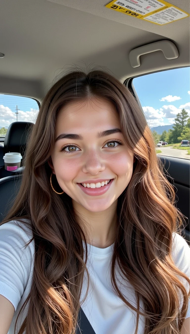 boring low quality snapchat photo circa 2015, A young woman with a warm smile, sitting in the driver's seat of a cozy car. She has soft, wavy brown hair cascading past her shoulders. The sunlight streams through the window, casting a gentle glow on her face. The interior of the car is neat and comfortable, with a coffee cup in the cup holder and a small plant on the dashboard. The background outside the window shows a scenic road lined with trees and blue skies