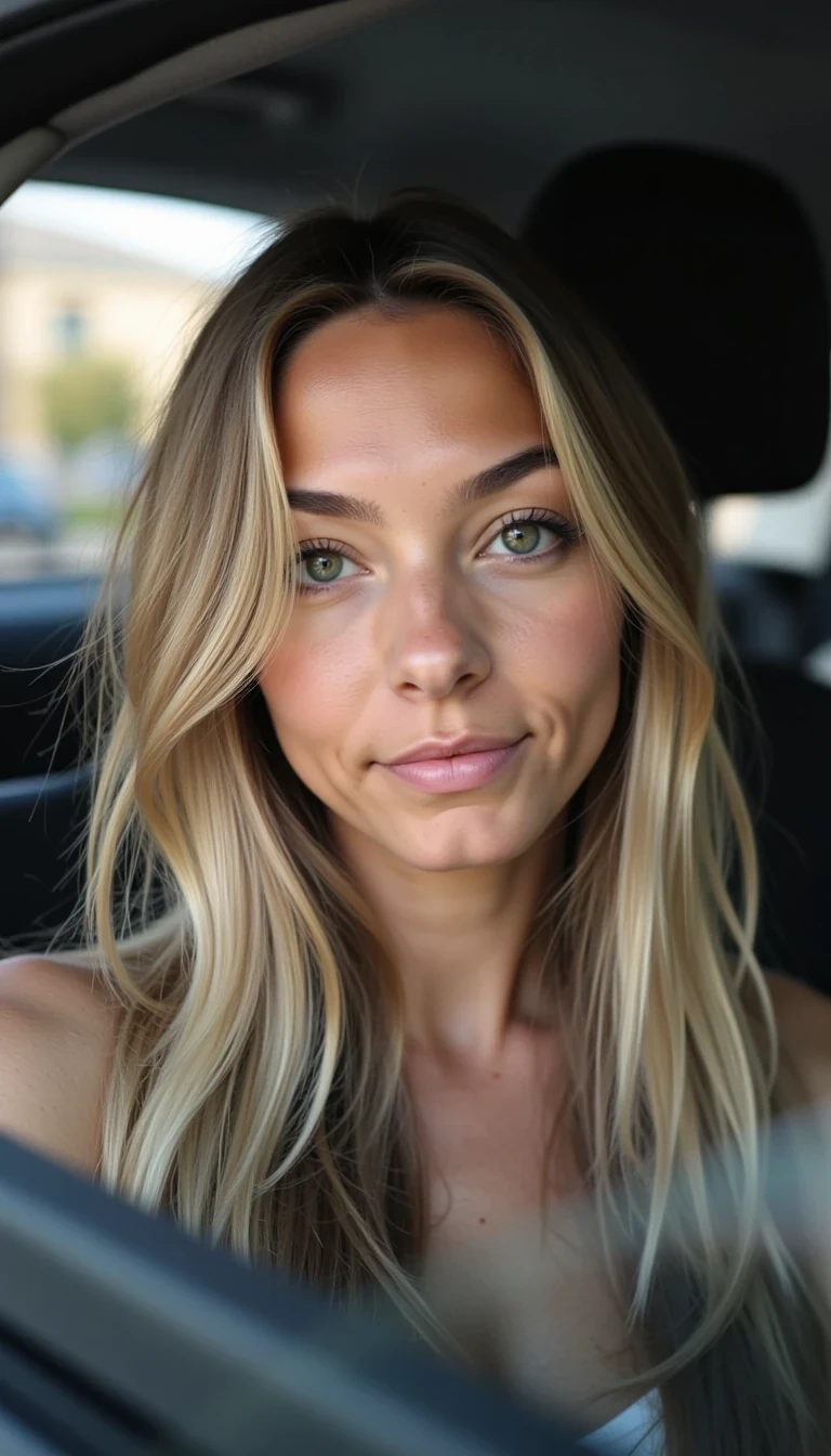 A 23-year-old CSTMDL , natural smile, soft daylight photography inside a car, cinematic lighting, shallow depth of field, photorealistic portrait, ultra-detailed skin texture, 8k DSLR photo.