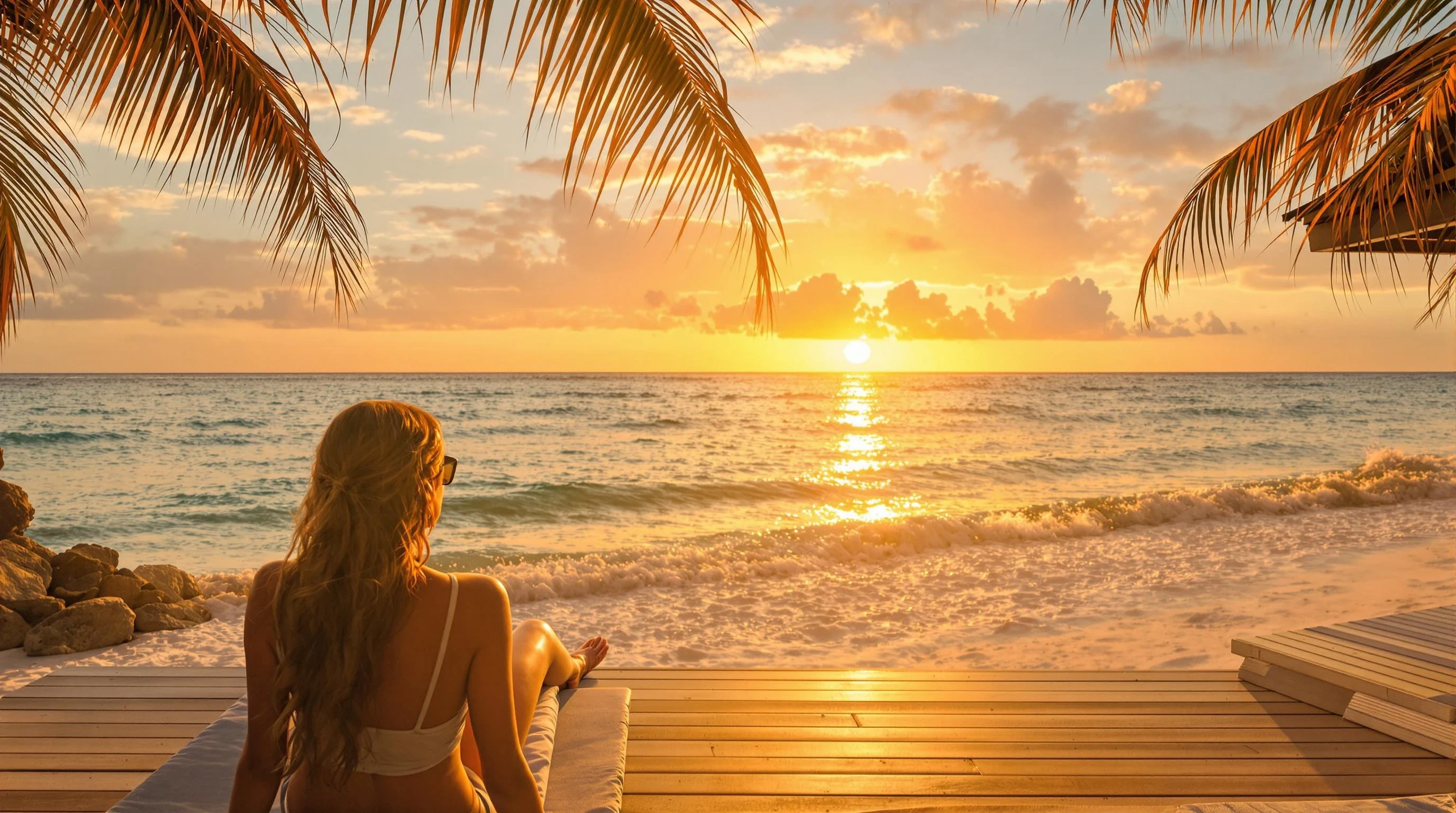 "A realistic tropical beach at sunset with warm golden light and a calm ocean. A peaceful scene with a woman seen from behind, sitting on a wooden deck or lounge chair, looking at the horizon. Soft palm tree shadows, cinematic mood, warm color tones. Ultra-realistic 4K photo with room for text on the right."