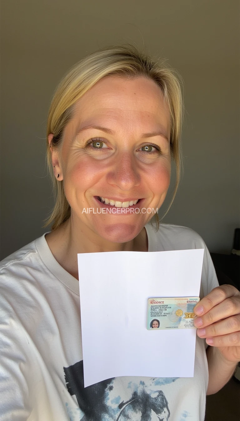 photo of woman CSTMDL, holding a piece of white paper and 
 driver license, wall background, natural lighting, boring low quality snapchat photo circa 2015, selfie, 59 years man 