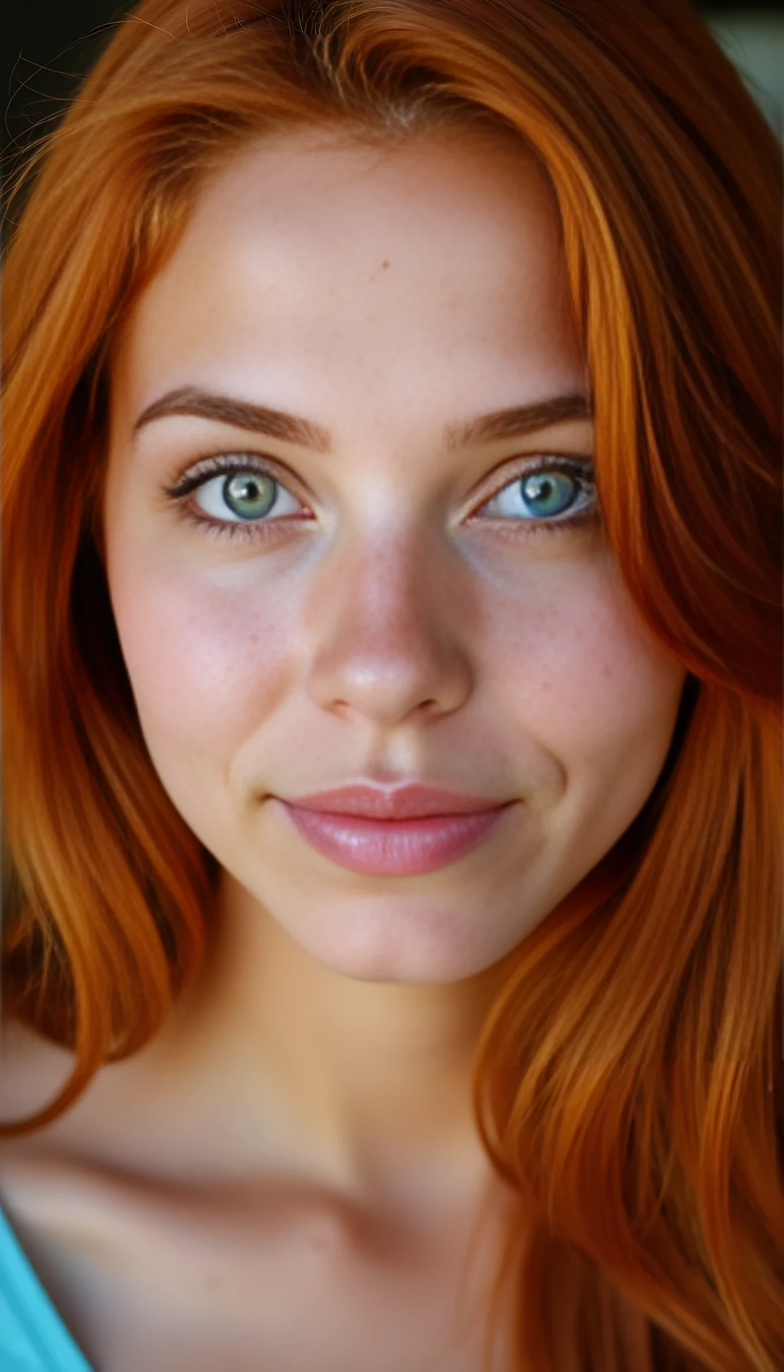 A portrait photo of a beautiful 20 years old model, mixed ethnicity of half white American half Brazilian, with soft red hair, emerald green eyes, light freckles across her nose, ultra detailed eyes with sharp iris reflections, slight smile, studio-quality, extremely realistic HD