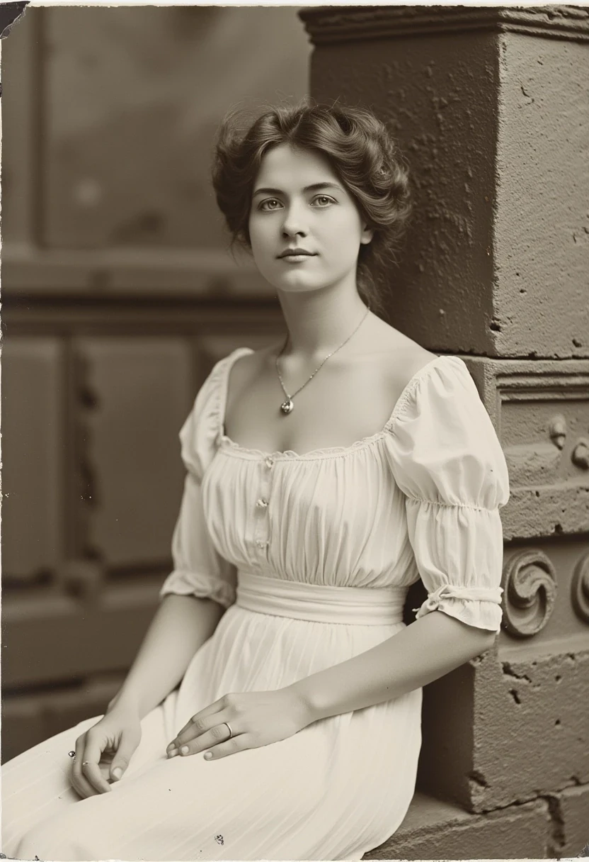 woman CSTMDL, photo ((medium)), brunette, blue eyes, cold smile, 1900 white dress, small pendant, tied hair, big breast, thin waist, cambodian khmer ruins in background