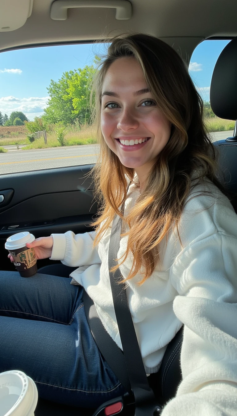 boring low quality snapchat photo circa 2015, A young woman with a warm smile, sitting in the driver's seat of a cozy car. She has soft, wavy brown hair cascading past her shoulders. The sunlight streams through the window, casting a gentle glow on her face. The interior of the car is neat and comfortable, with a coffee cup in the cup holder and a small plant on the dashboard. The background outside the window shows a scenic road lined with trees and blue skies