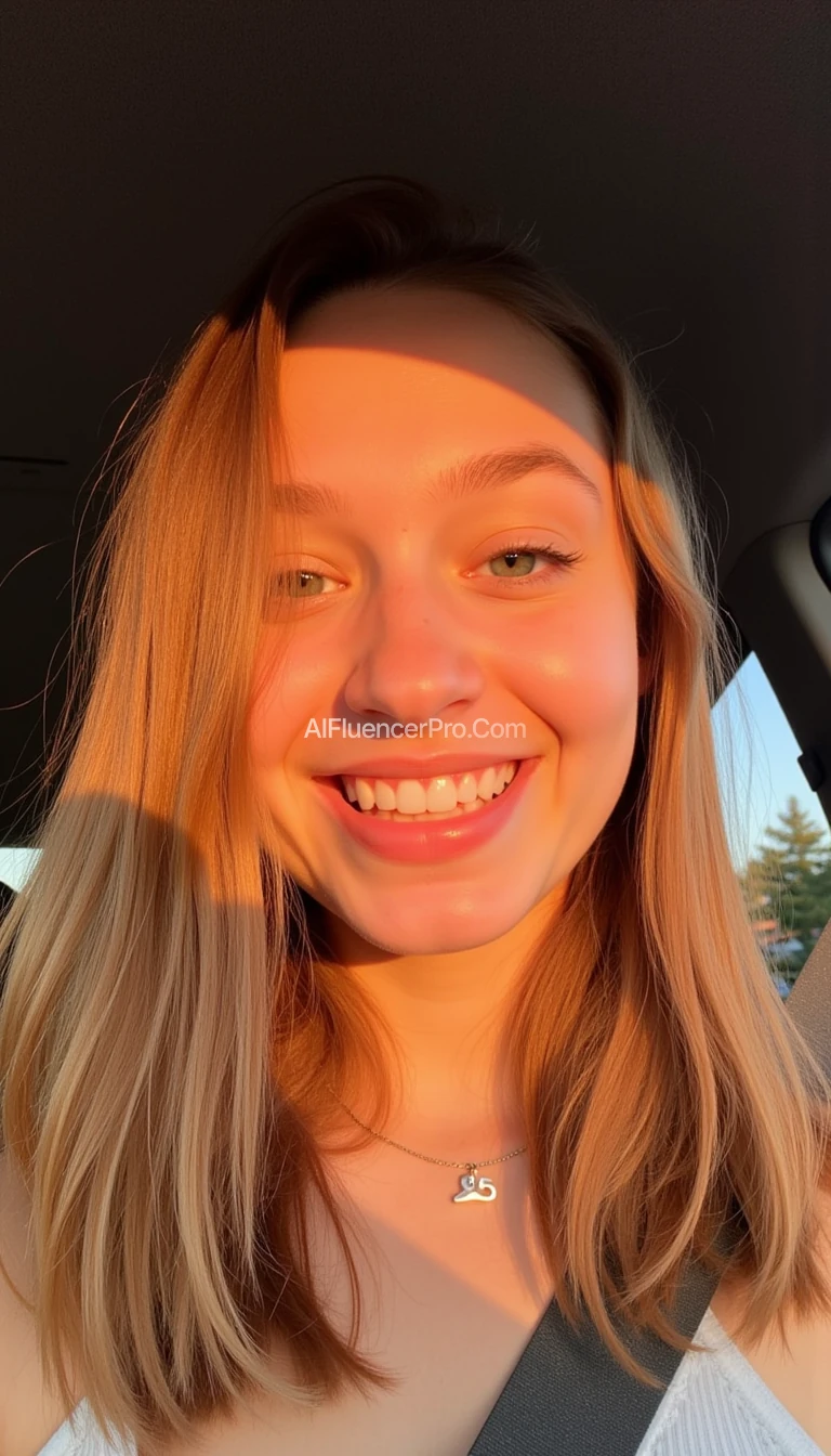 boring low quality snapchat photo circa 2015, cute girl, soft light brown hair, selfie in a car, The light from the setting sun gives a soft orange glow across her face and upper body, casting long shadows

